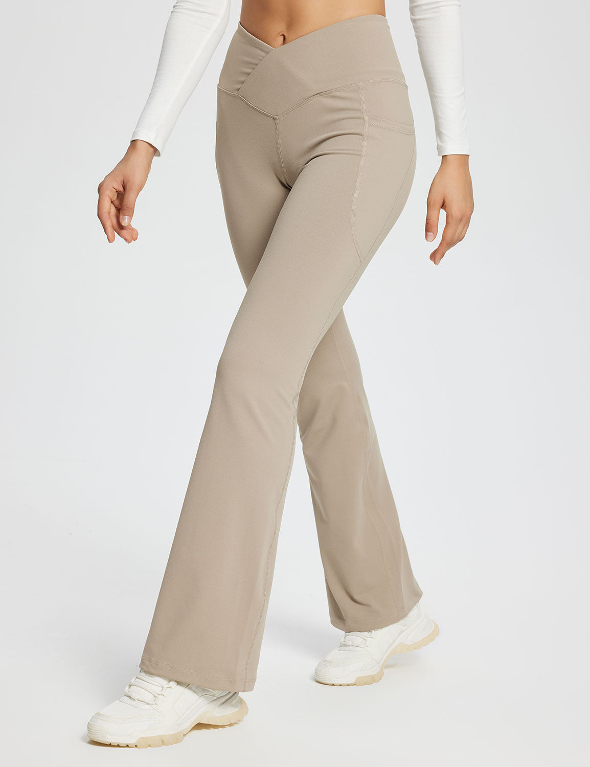 Baleaf Women's Laureate 29'' Crossover High-Rise Flared Pants dbh095 29-Khaki Side