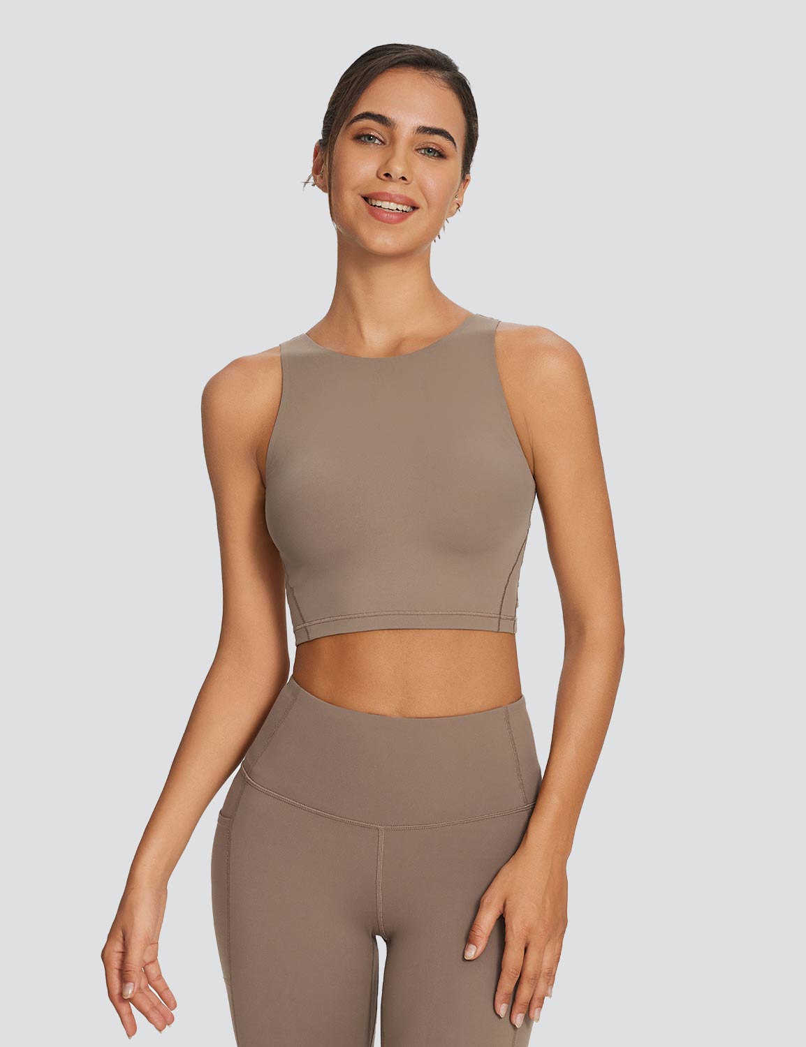 Baleaf Women's U-Back Padded Midi Tank Top Cocoa Crème Front