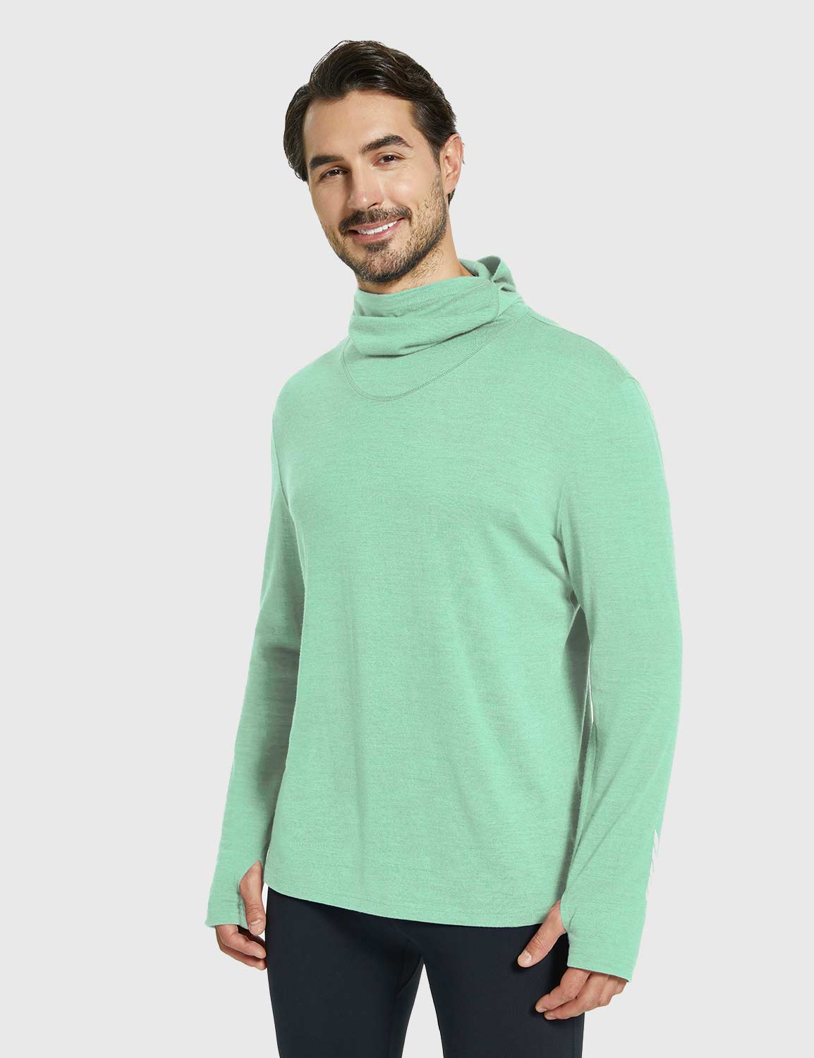 Baleaf Men's Merino Wool Hooded Base Layer Shirts Jade green Side