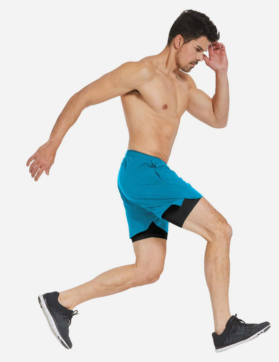 Baleaf Men's 2-in-1 Split Leg Back Pocketed Compression Gym Shorts abd277 Light Blue/Black Full