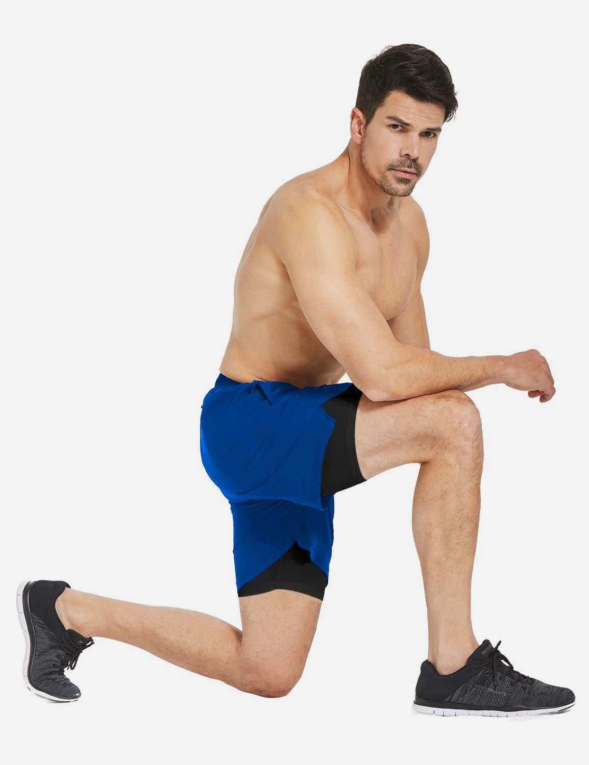 Baleaf Men's 2-in-1 Split Leg Back Pocketed Compression Gym Shorts abd277 Royal Blue/Black Full