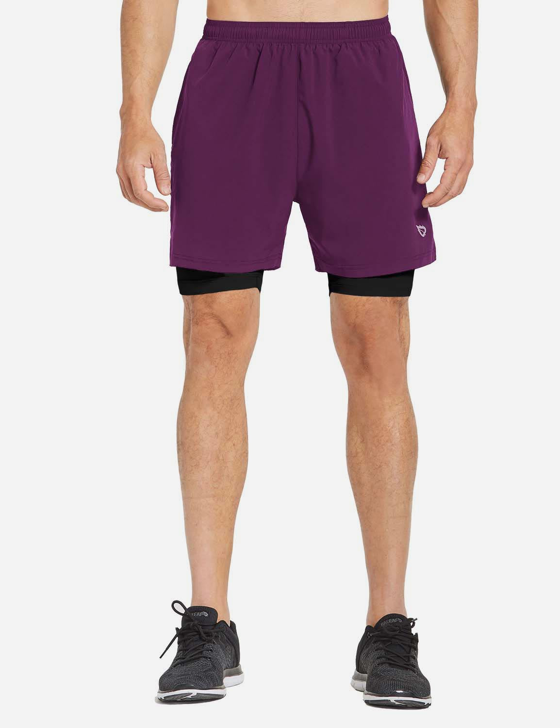 Baleaf Men's 2-in-1 Split Leg Back Pocketed Compression Gym Shorts abd277 Purple/Black Main
