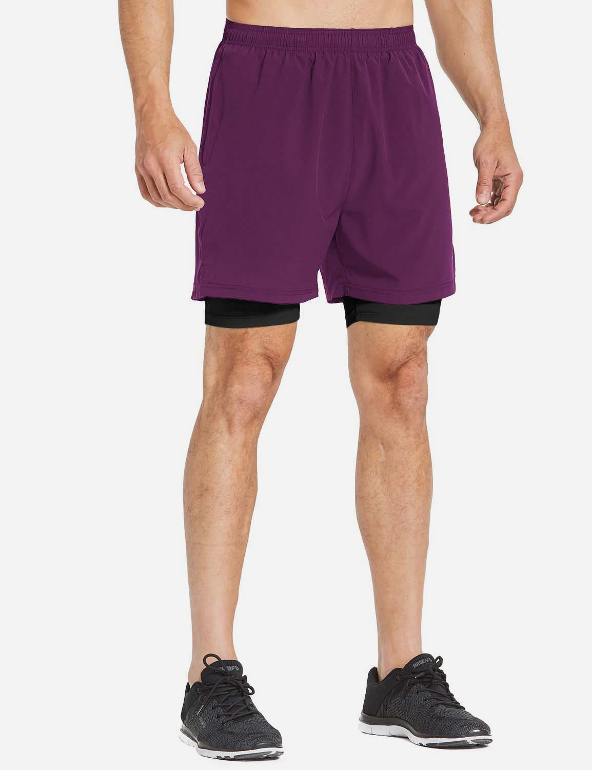 Baleaf Men's 2-in-1 Split Leg Back Pocketed Compression Gym Shorts abd277 Purple/Black Side