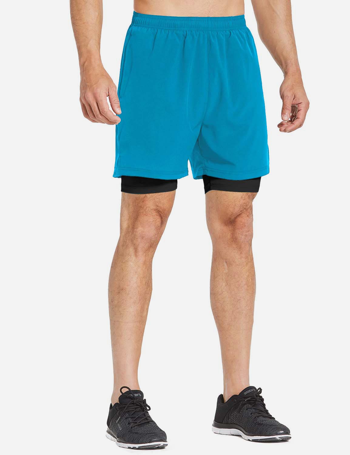Baleaf Men's 2-in-1 Split Leg Back Pocketed Compression Gym Shorts abd277 Light Blue/Black Side