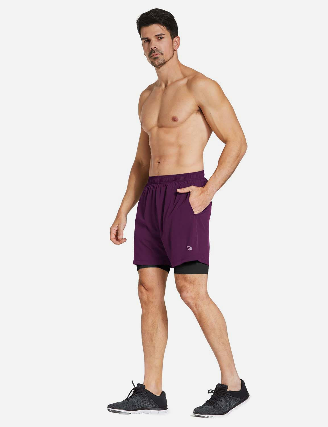 Baleaf Men's 2-in-1 Split Leg Back Pocketed Compression Gym Shorts abd277 Purple/Black Full