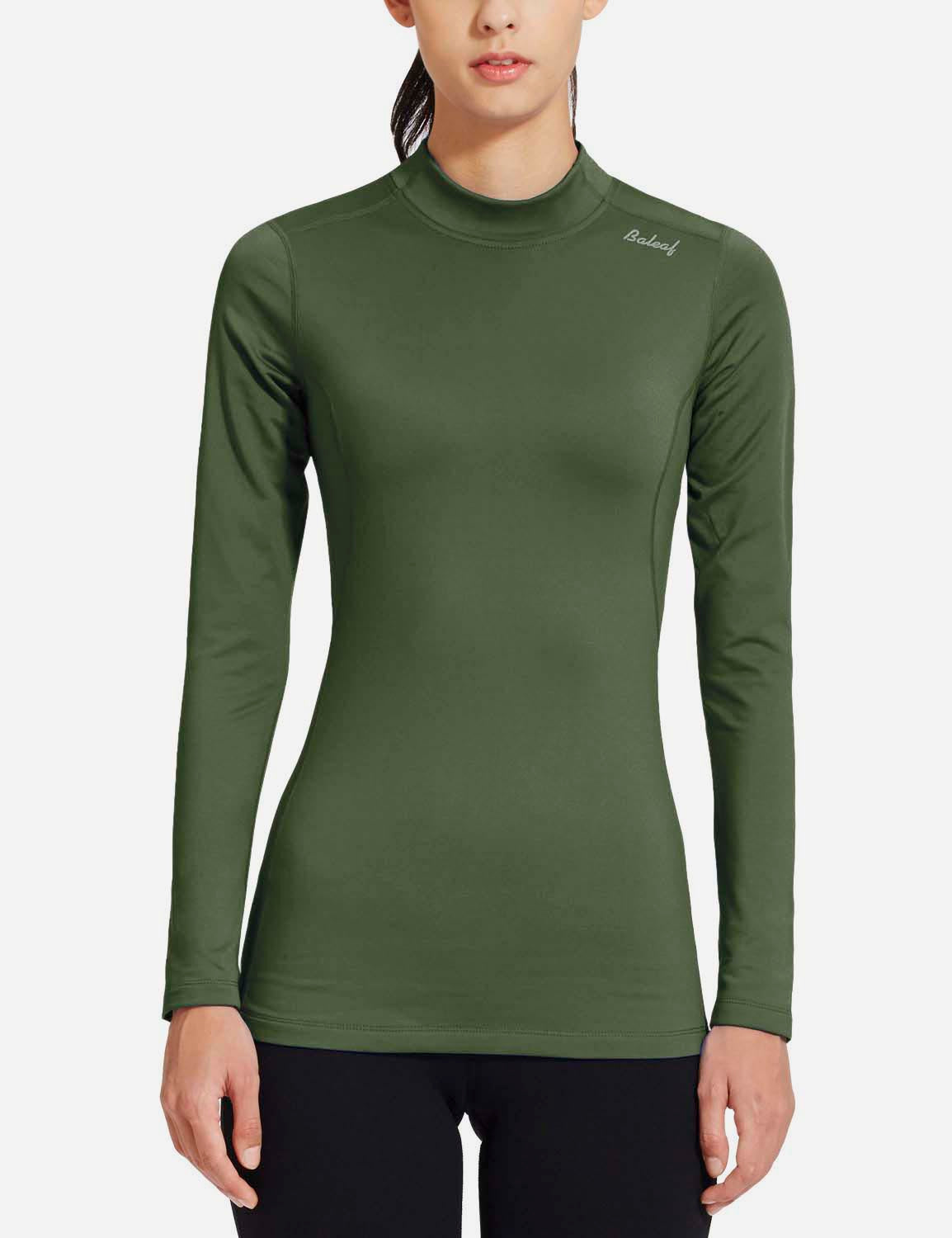 Baleaf Women's Basic Compression Mock-Neck Long Sleeved Shirt abd166 Green Front