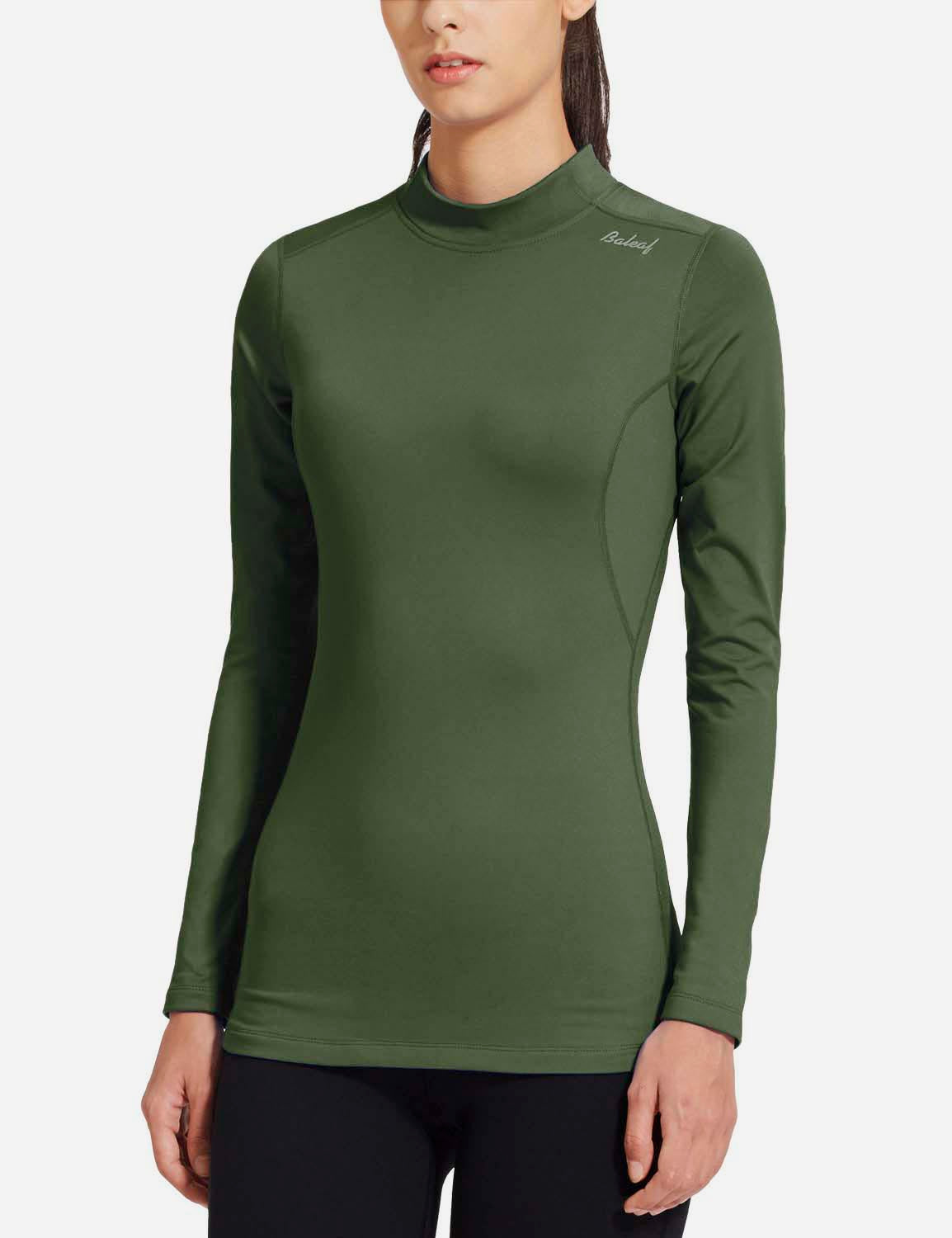 Baleaf Women's Basic Compression Mock-Neck Long Sleeved Shirt abd166 Green Side