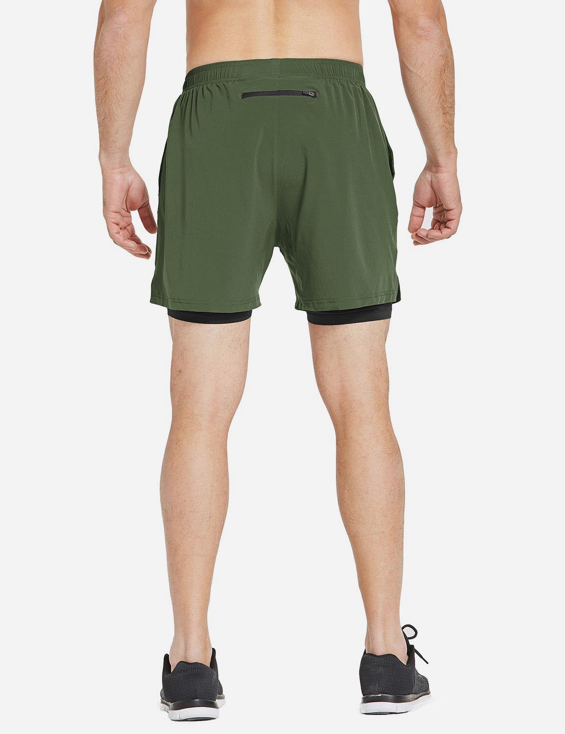 Baleaf Men's 2-in-1 Split Leg Back Pocketed Compression Gym Shorts abd277 Army Green/Black Back