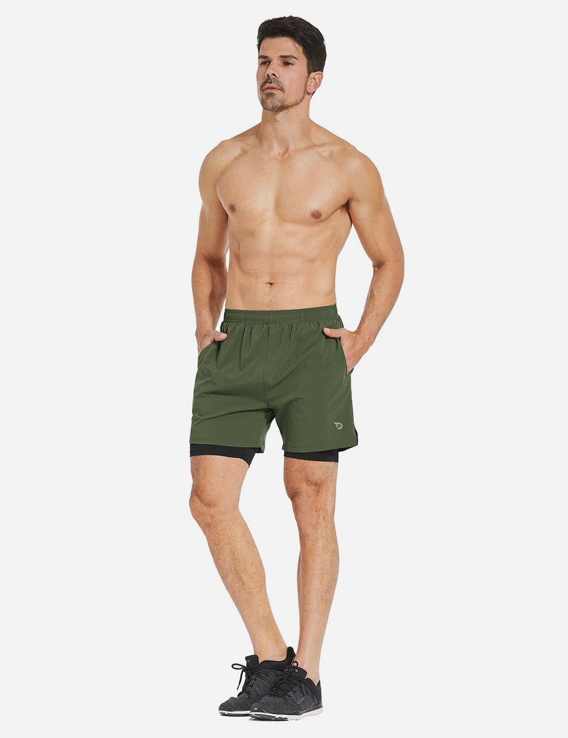 Baleaf Men's 2-in-1 Split Leg Back Pocketed Compression Gym Shorts abd277 Army Green/Black Full