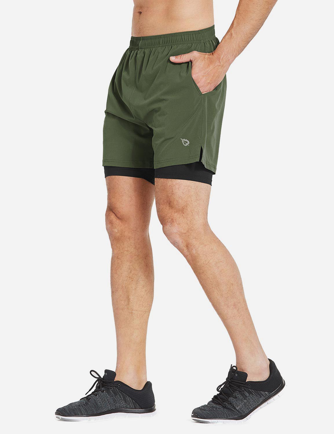 Baleaf Men's 2-in-1 Split Leg Back Pocketed Compression Gym Shorts abd277 Army Green/Black Side