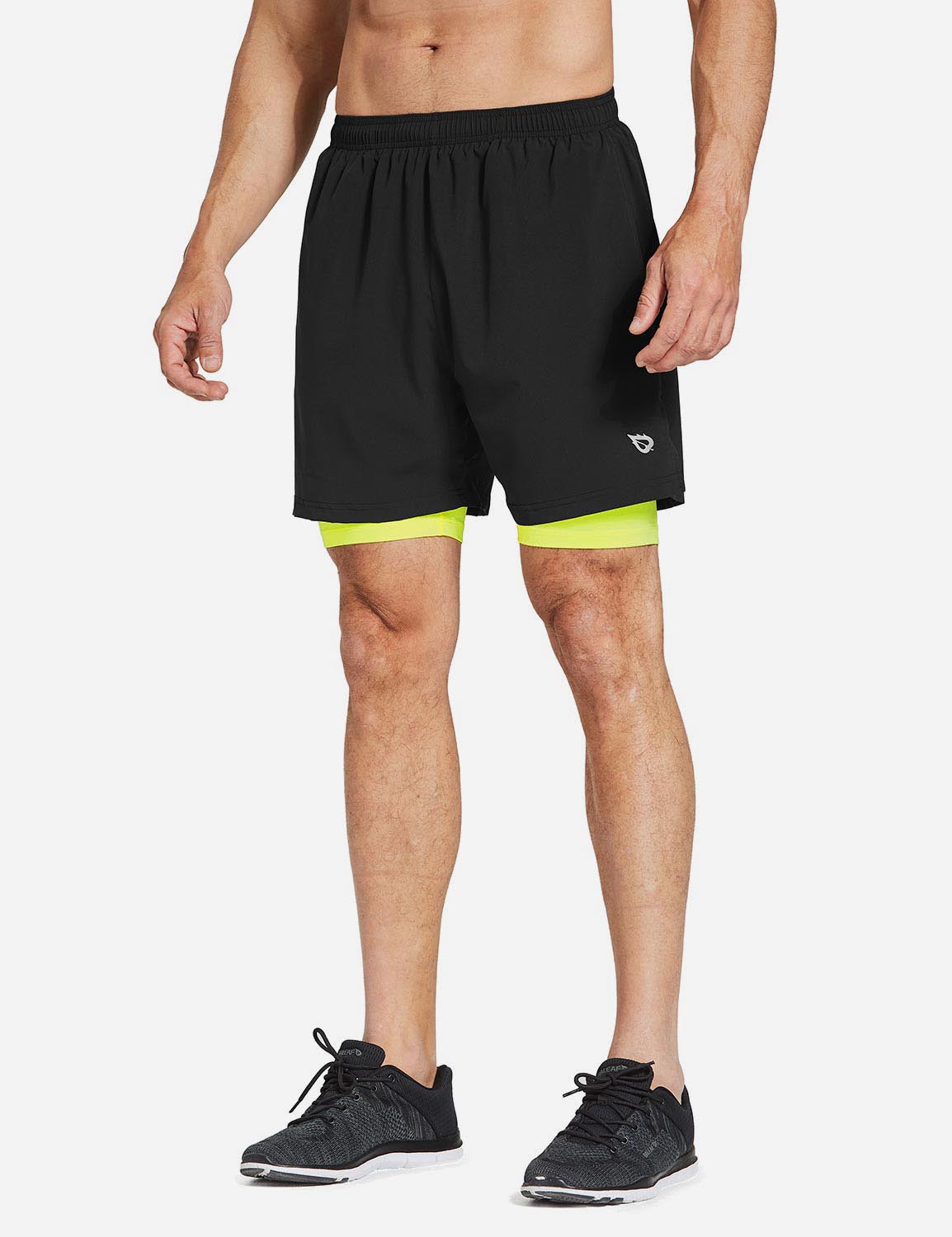 Baleaf Men's 2-in-1 Split Leg Back Pocketed Compression Gym Shorts abd277 Black/Fluorescent Green