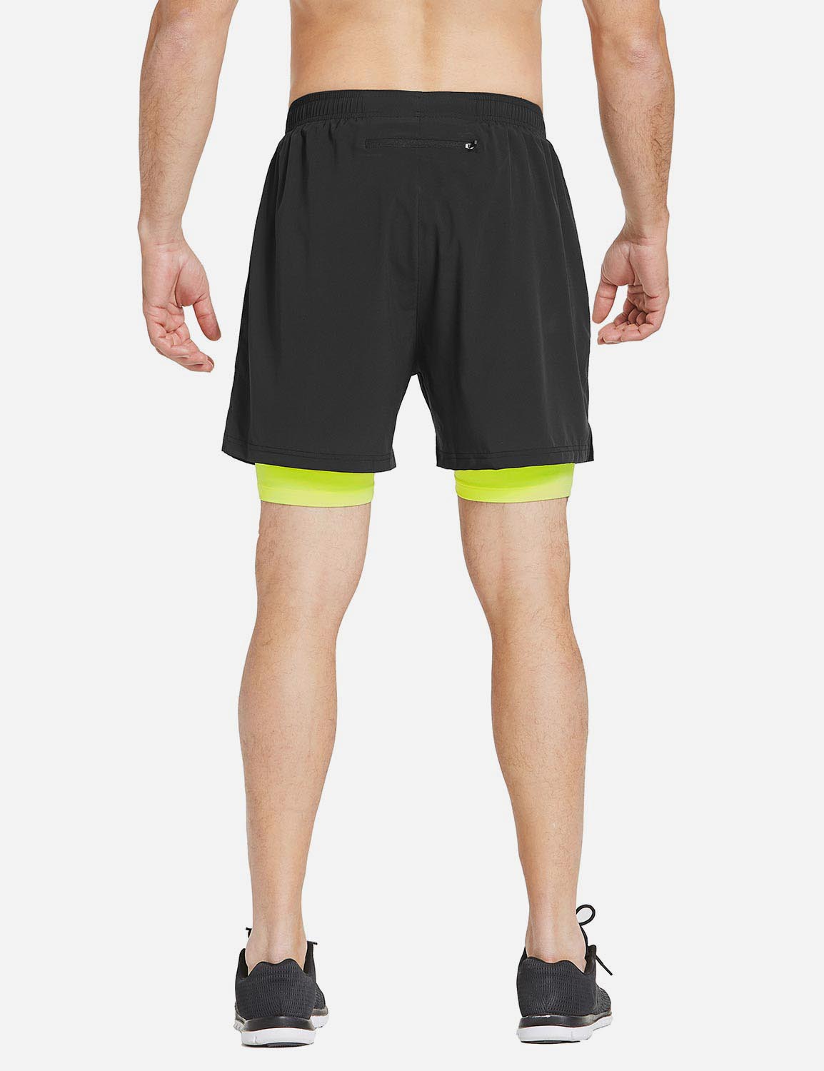 Baleaf Men's 2-in-1 Split Leg Back Pocketed Compression Gym Shorts abd277 Black/Fluorescent Green Back