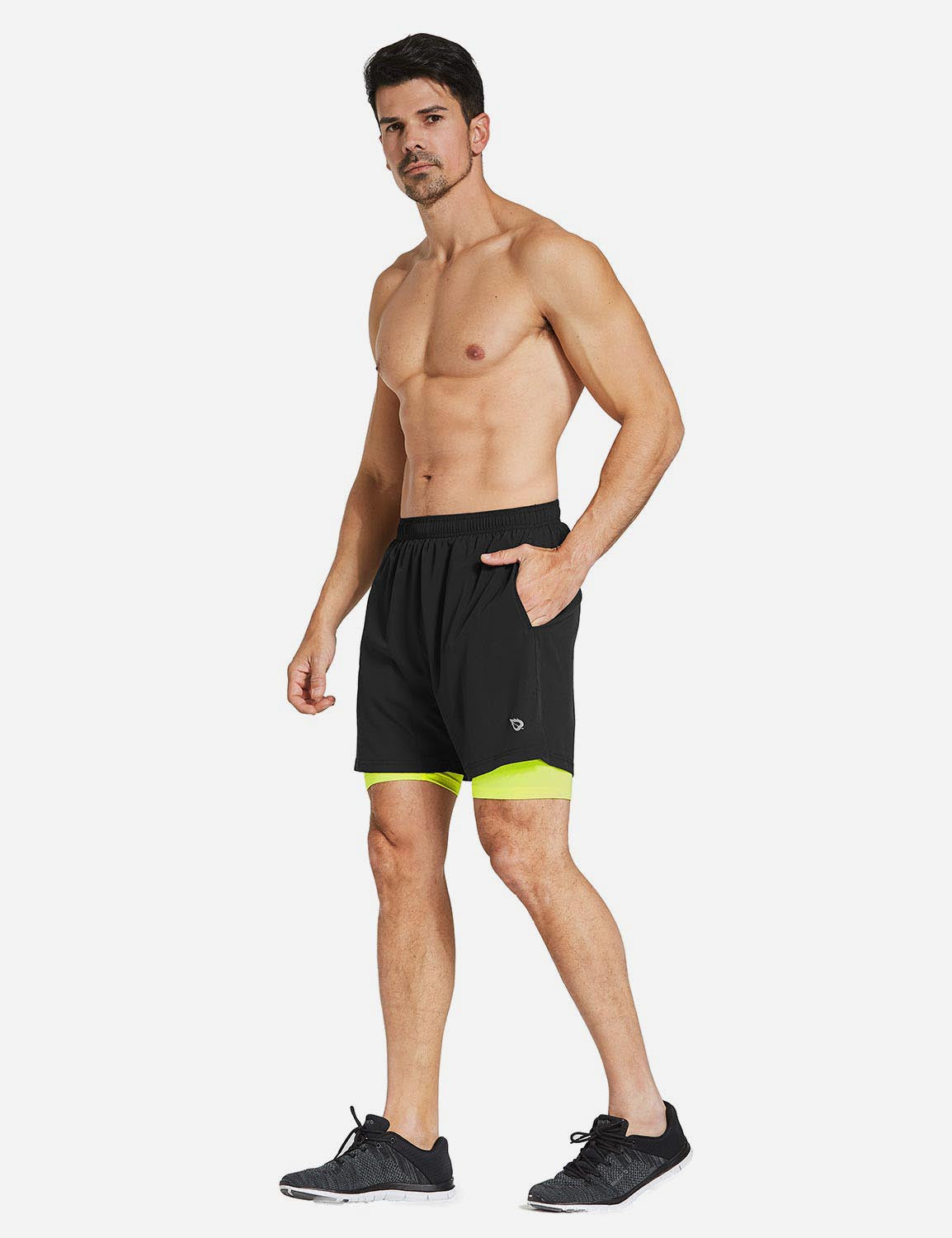 Baleaf Men's 2-in-1 Split Leg Back Pocketed Compression Gym Shorts abd277 Black/Fluorescent Green Side