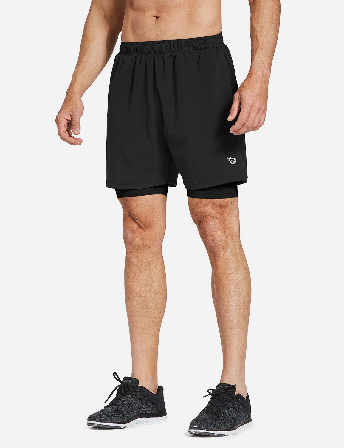 Baleaf Men's 2-in-1 Split Leg Back Pocketed Compression Gym Shorts abd277 Black/Black Side