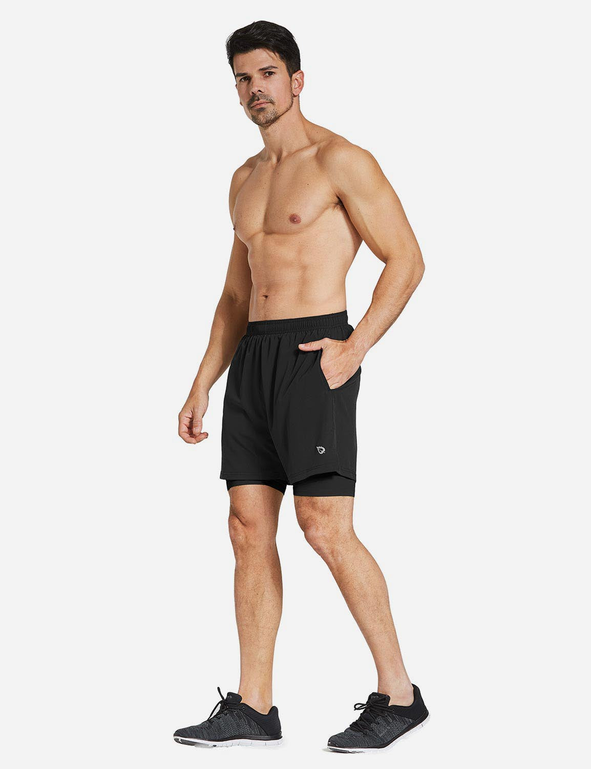 Baleaf Men's 2-in-1 Split Leg Back Pocketed Compression Gym Shorts abd277 Black /BlackFull