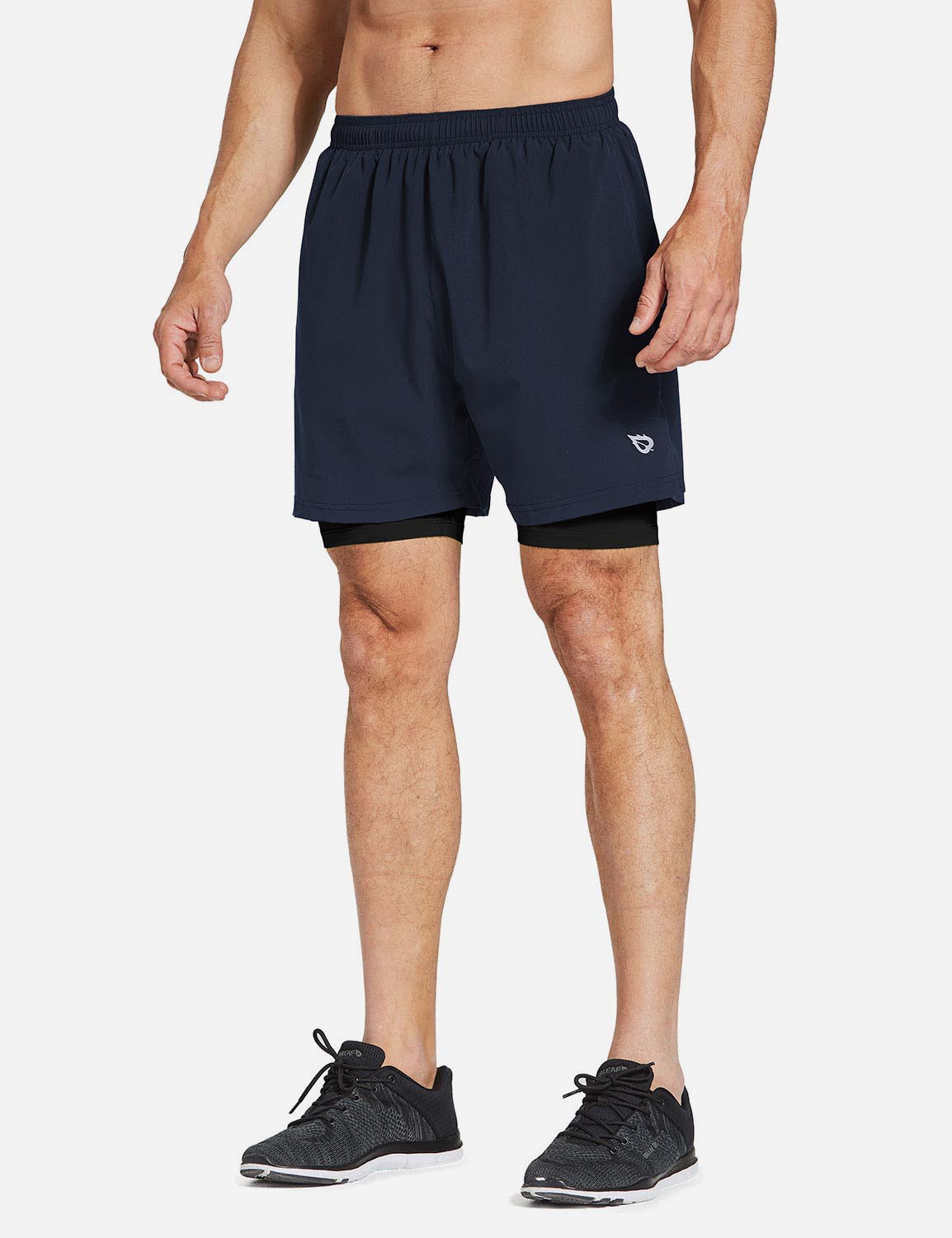 Baleaf Men's 2-in-1 Split Leg Back Pocketed Compression Gym Shorts abd277 Dark Blue/Black Side
