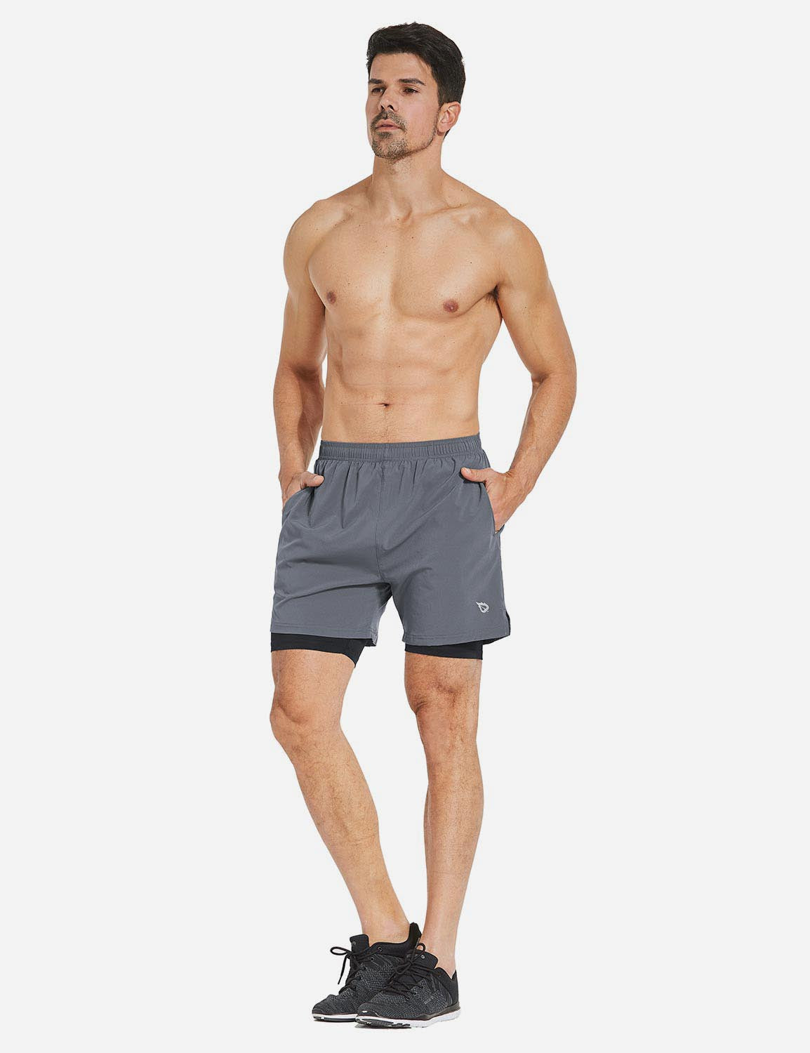 Baleaf Men's 2-in-1 Split Leg Back Pocketed Compression Gym Shorts abd277 Gray/Black Full
