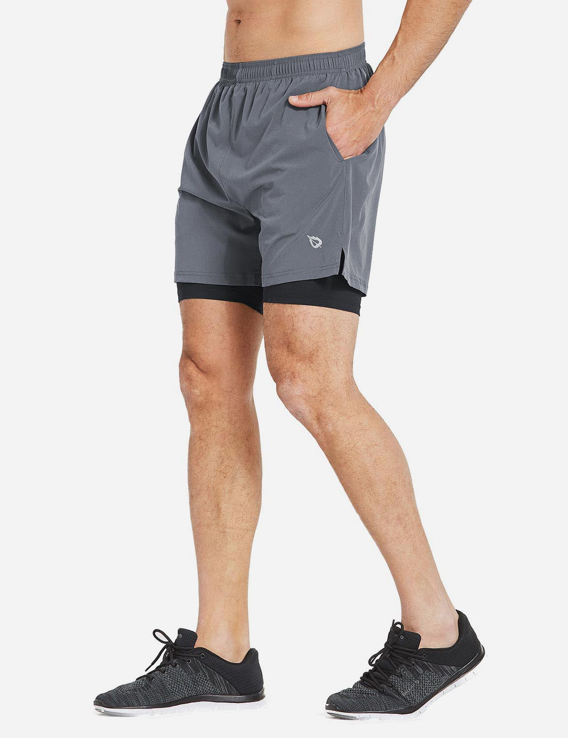 Baleaf Men's 2-in-1 Split Leg Back Pocketed Compression Gym Shorts abd277 Gray/Black Side