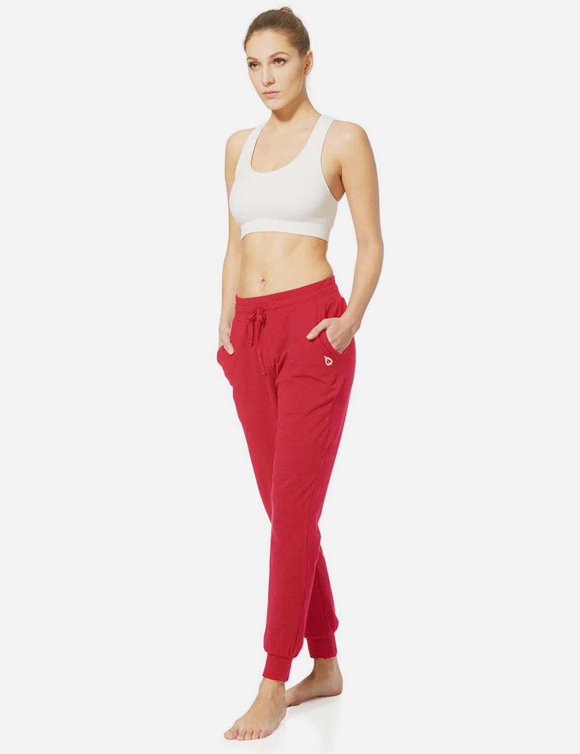 Baleaf Women's Cotton Comfy Pocketed & Tapered Weekend Joggers abh103 Rose Red Full