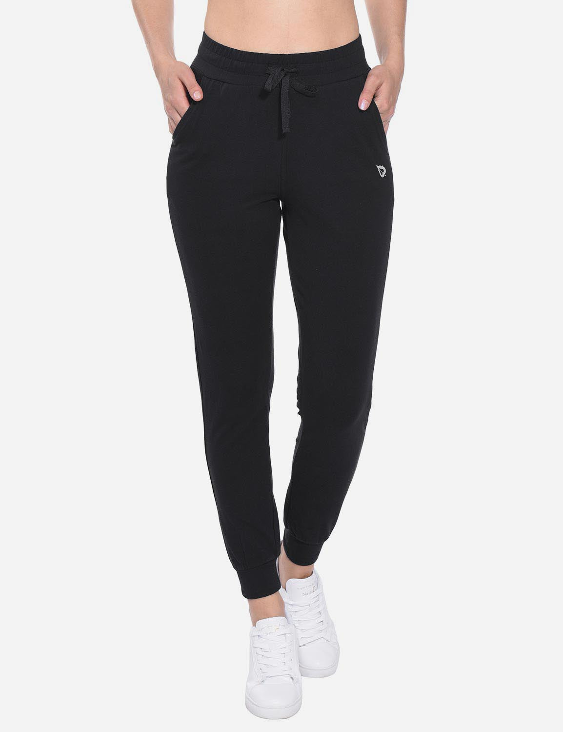 Baleaf Women's Cotton Comfy Pocketed & Tapered Weekend Joggers abh103 Black Front