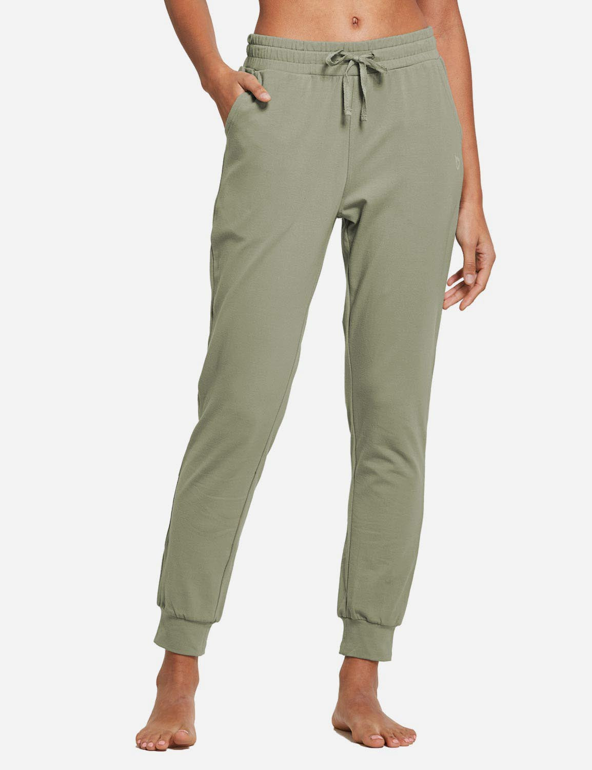 Baleaf Women's Cotton Comfy Pocketed & Tapered Weekend Joggers abh103 Spray Green Front
