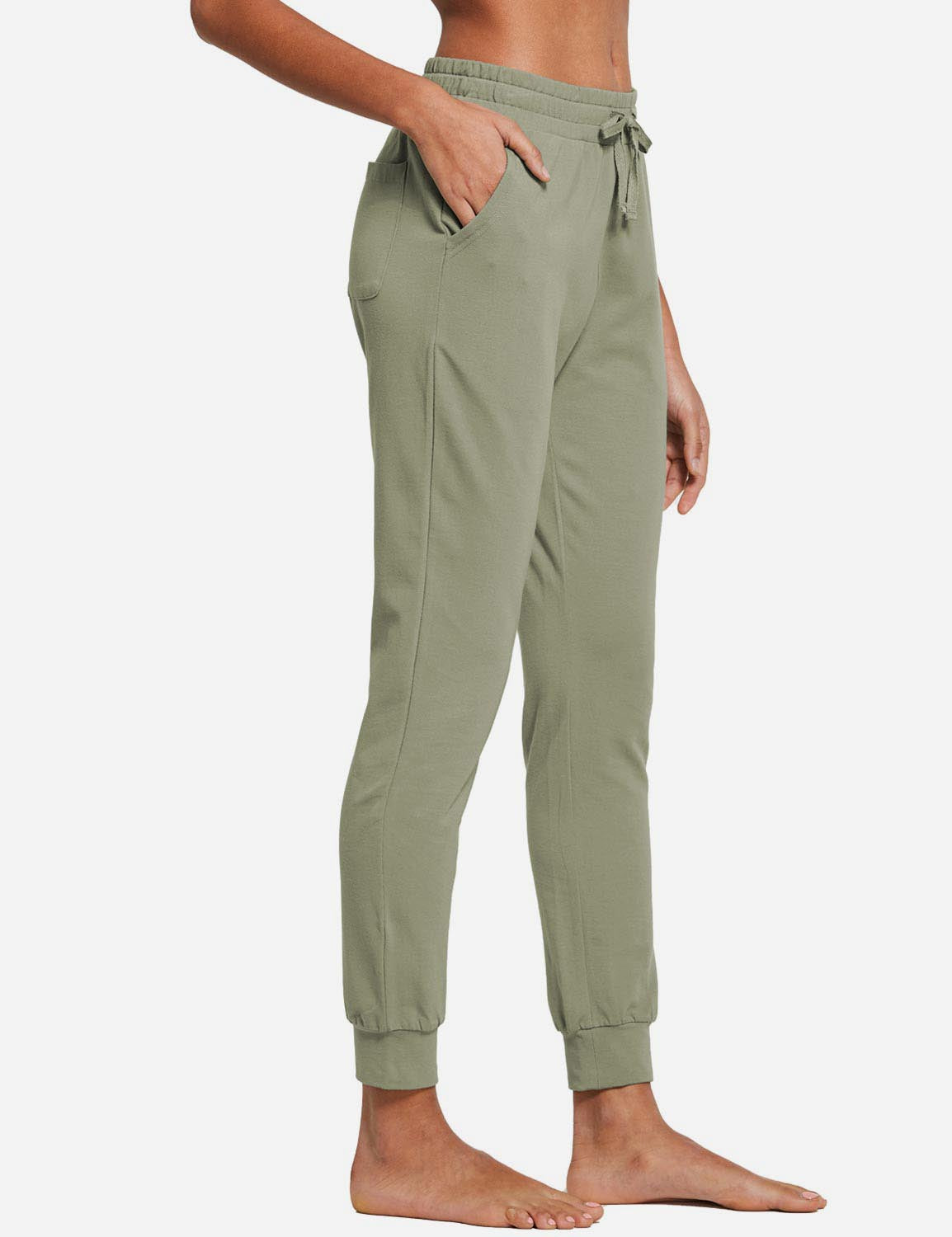 Baleaf Women's Cotton Comfy Pocketed & Tapered Weekend Joggers abh103 Spray Green Side