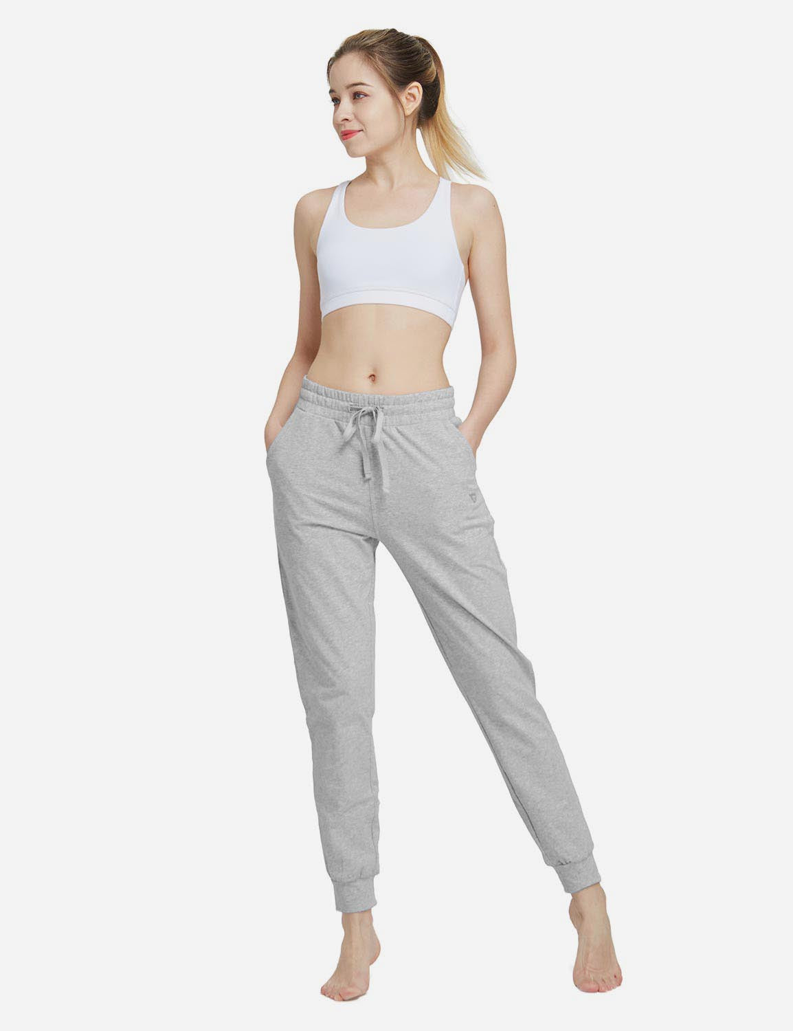 Baleaf Women's Cotton Comfy Pocketed & Tapered Weekend Joggers abh103 Light Gray Full
