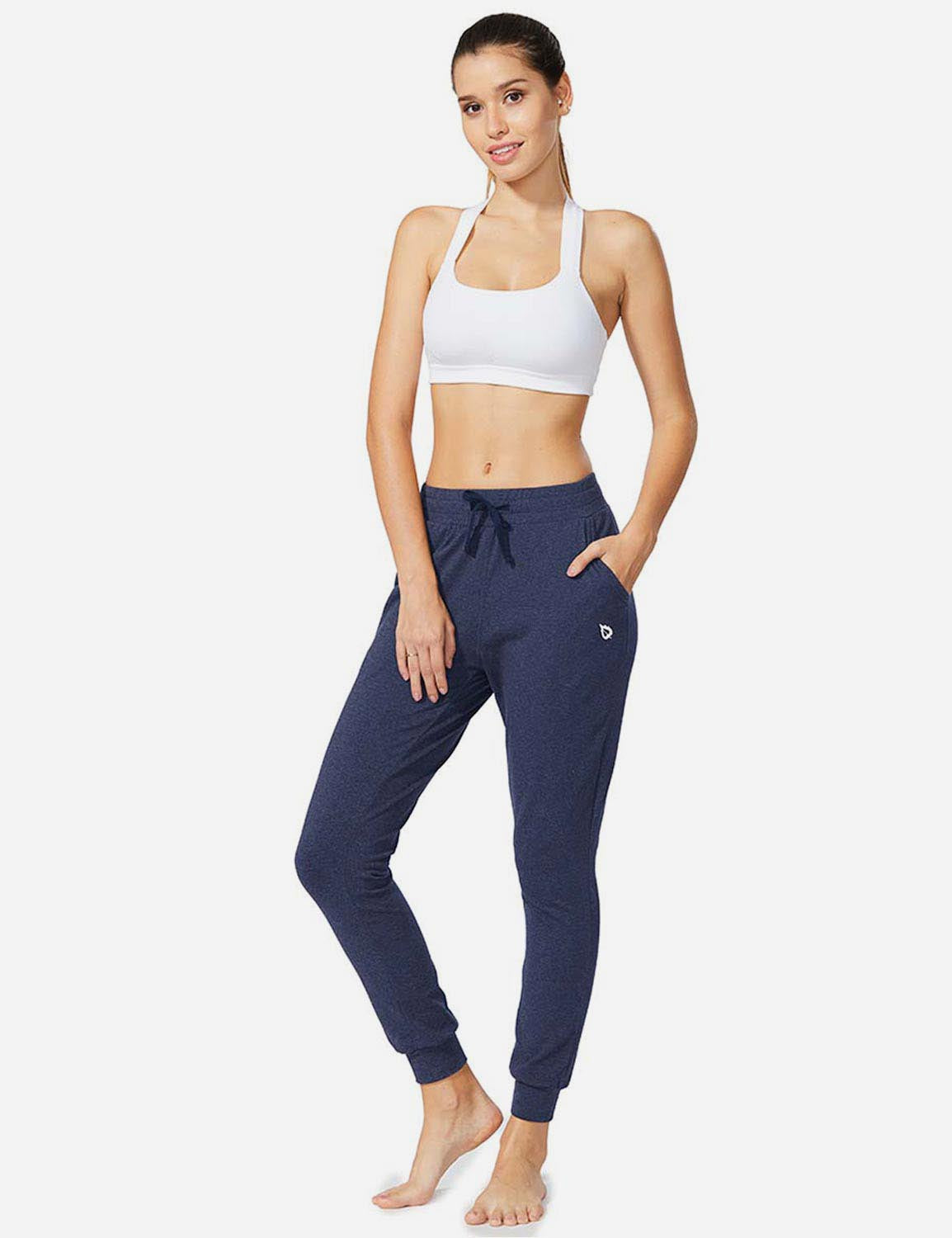 Baleaf Women's Cotton Comfy Pocketed & Tapered Weekend Joggers abh103 Navy Heather Full