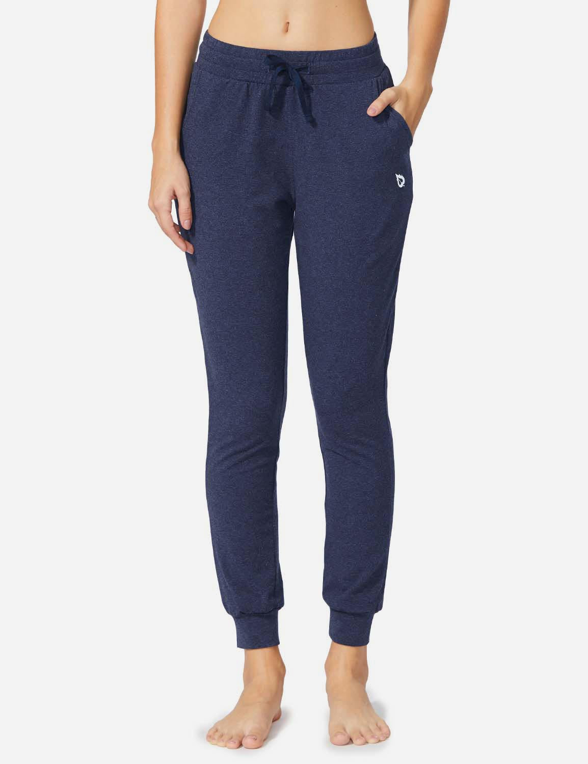 Baleaf Women's Cotton Comfy Pocketed & Tapered Weekend Joggers abh103 Navy Heather Front