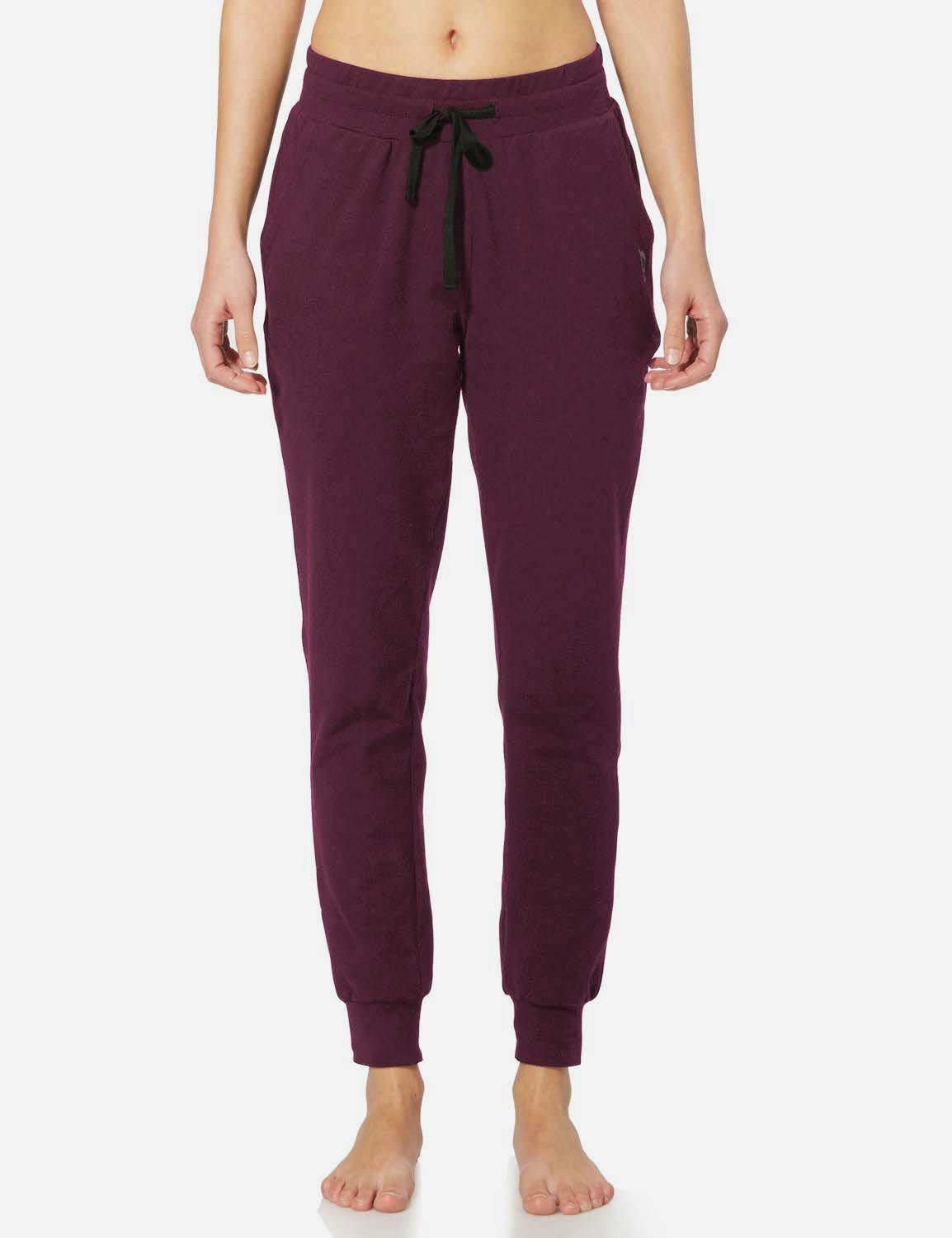 Baleaf Women's Cotton Comfy Pocketed & Tapered Weekend Joggers abh103 Burgundy Front