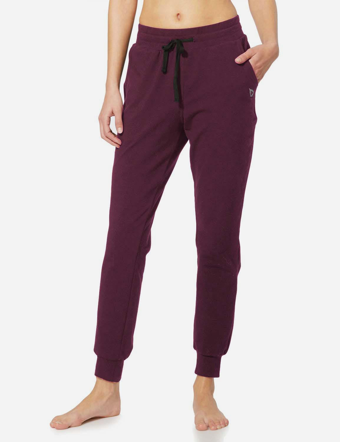 Baleaf Women's Cotton Comfy Pocketed & Tapered Weekend Joggers abh103 Burgundy Side