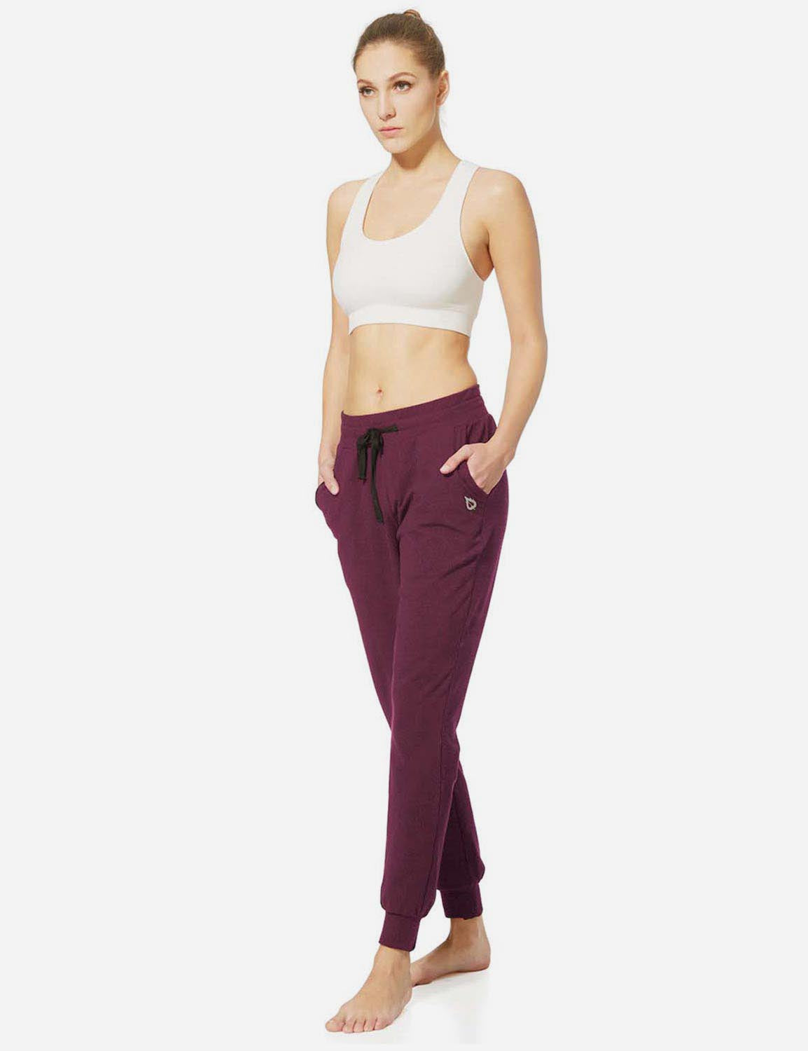 Baleaf Women's Cotton Comfy Pocketed & Tapered Weekend Joggers abh103 Burgundy Full