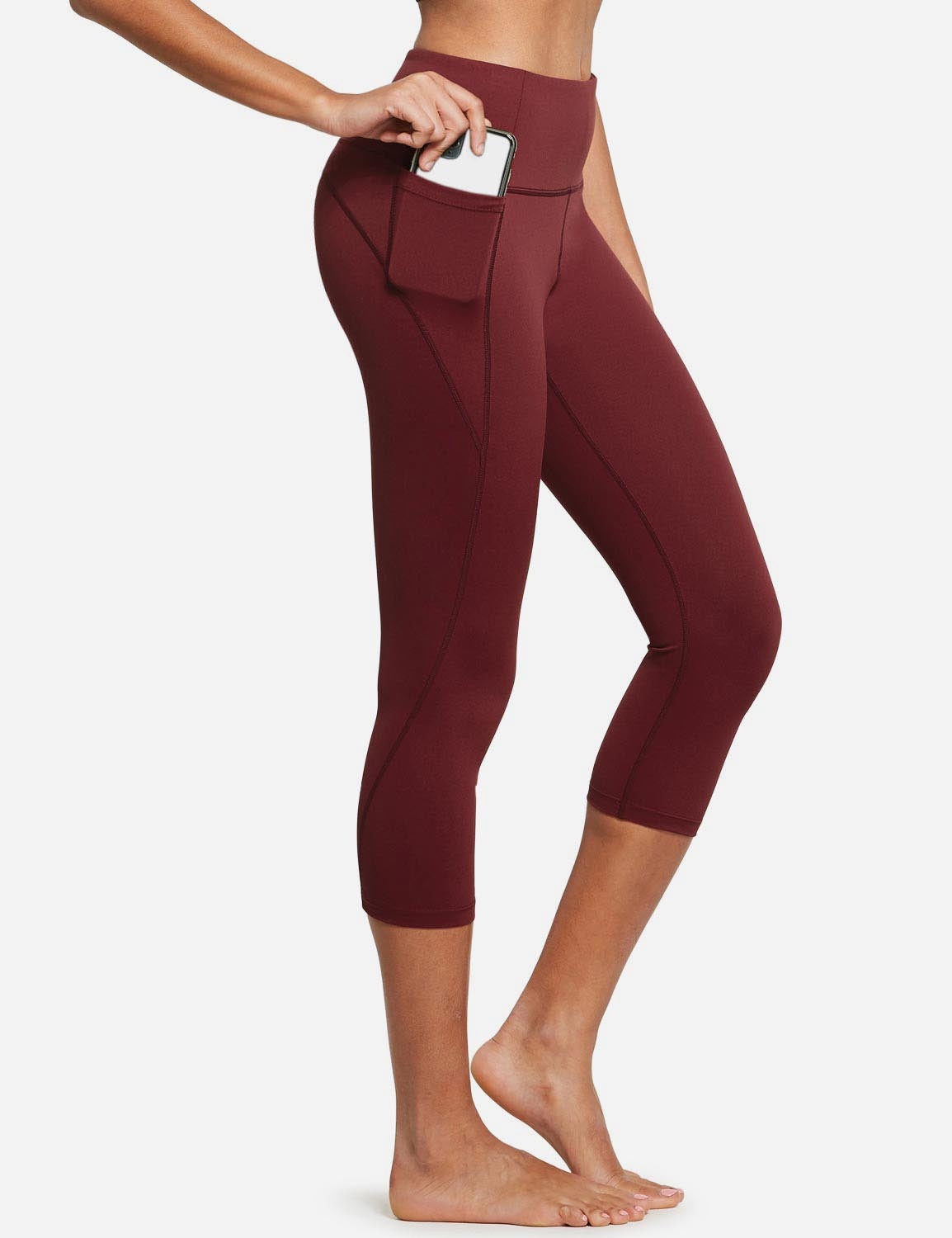 Baleaf Women's High Rise Bottom Contour Pocketed Capris abh168 Wine Red Side