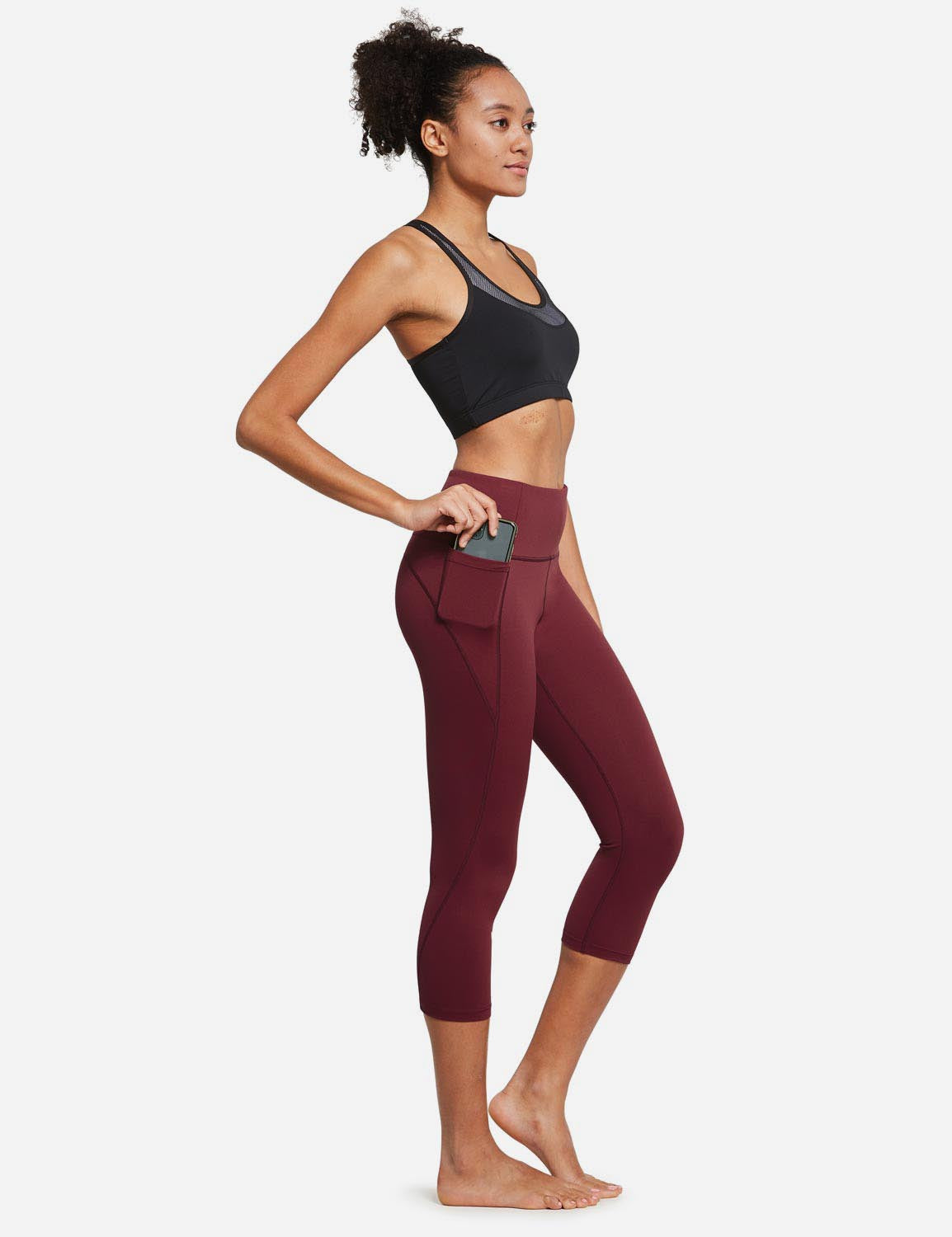 Baleaf Women's High Rise Bottom Contour Pocketed Capris abh168 Wine Red Full