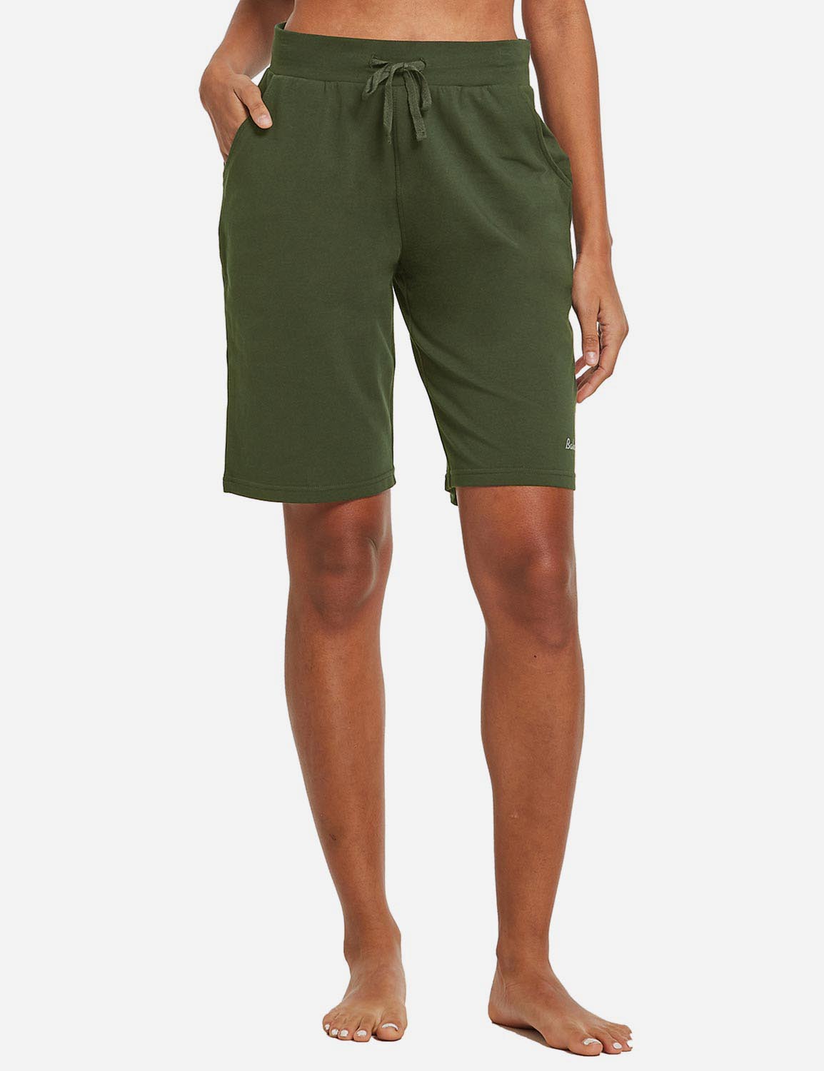 Baleaf Women's Cotton Straight Leg Pocketed Weekend Bermuda Shorts abh179 Olive Front