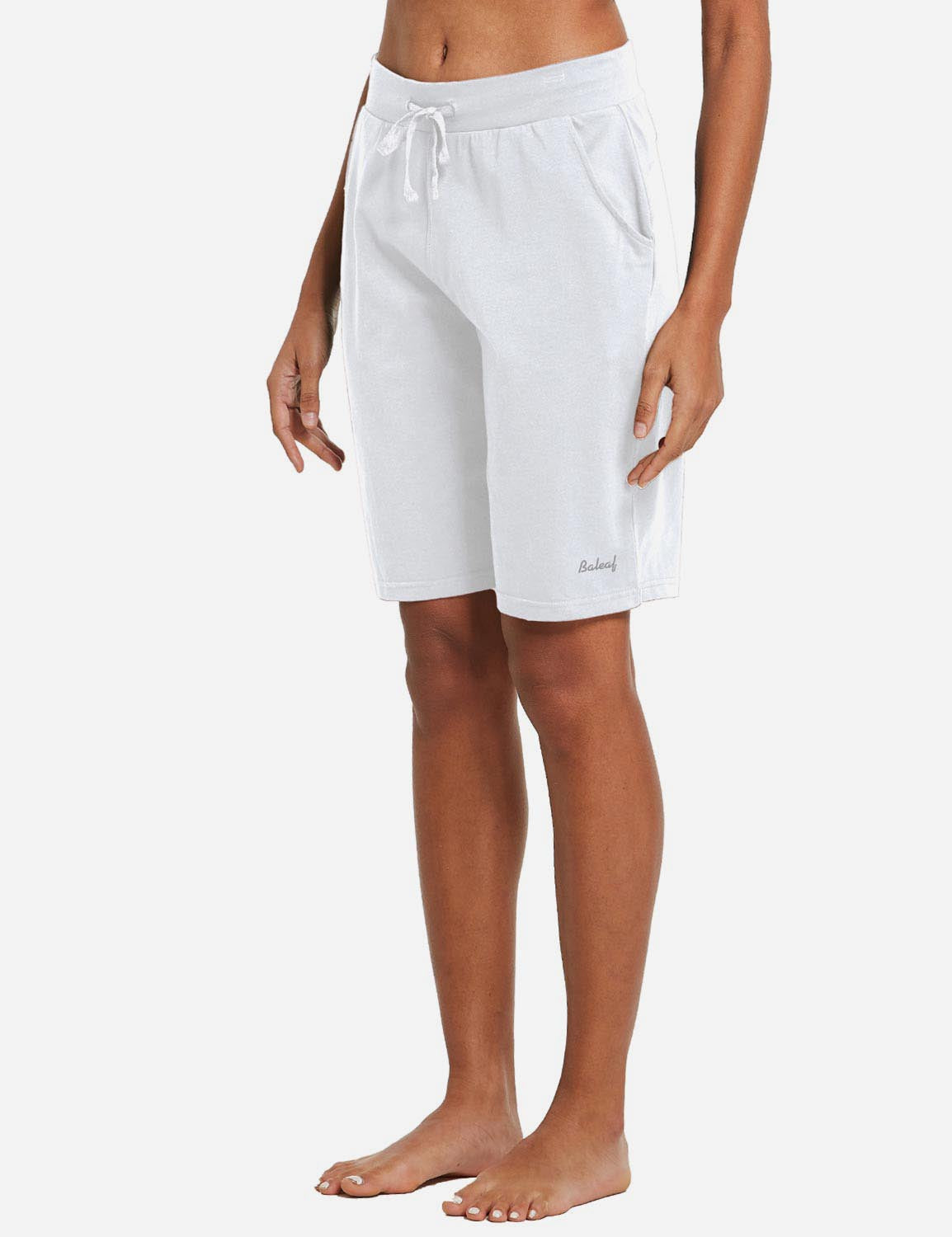 Baleaf Women's Cotton Straight Leg Pocketed Weekend Bermuda Shorts abh179 White Side