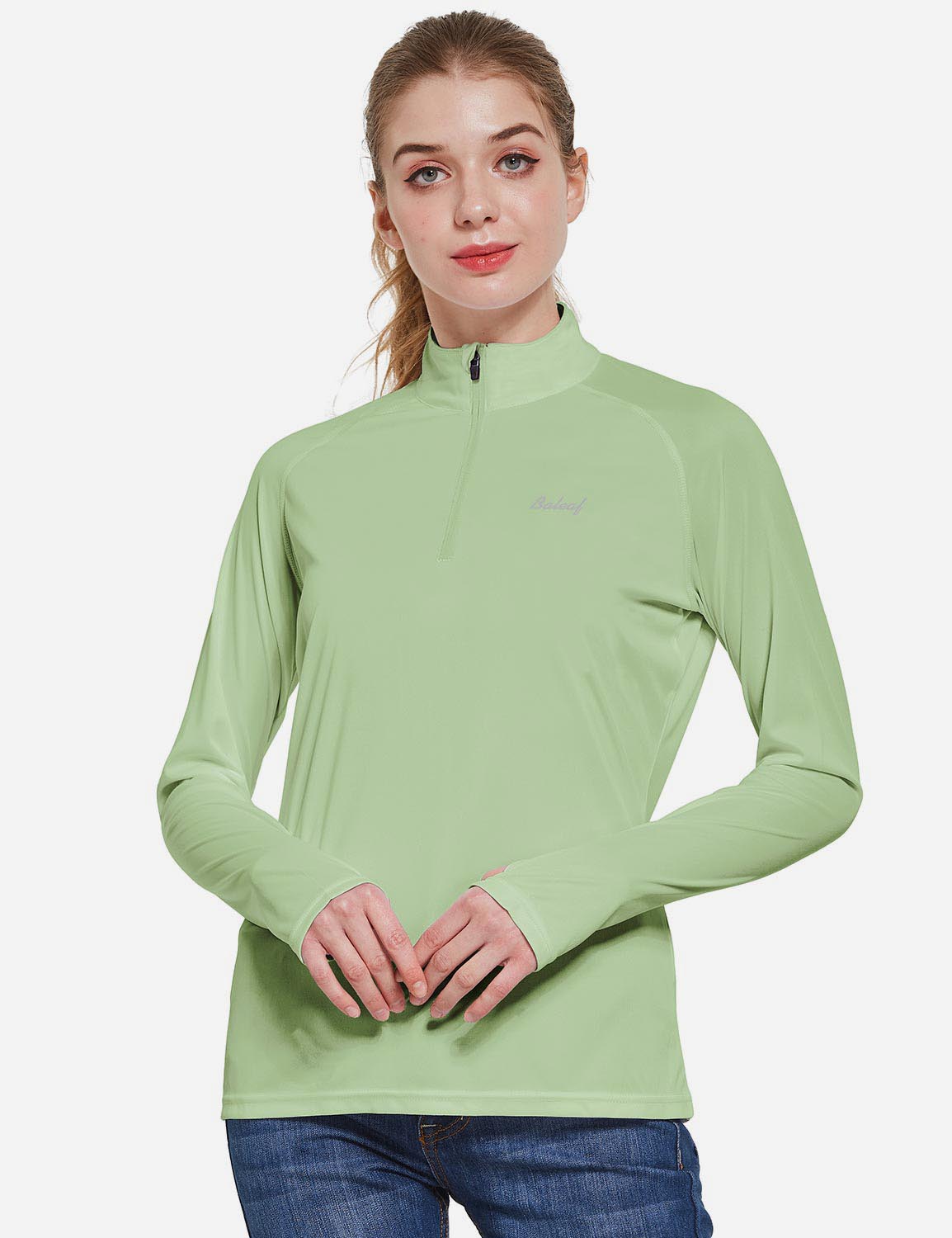 Baleaf Women's UP50+ Collared Long Sleeved Tshirt w Thumbholes aga065 Dark Green Front
