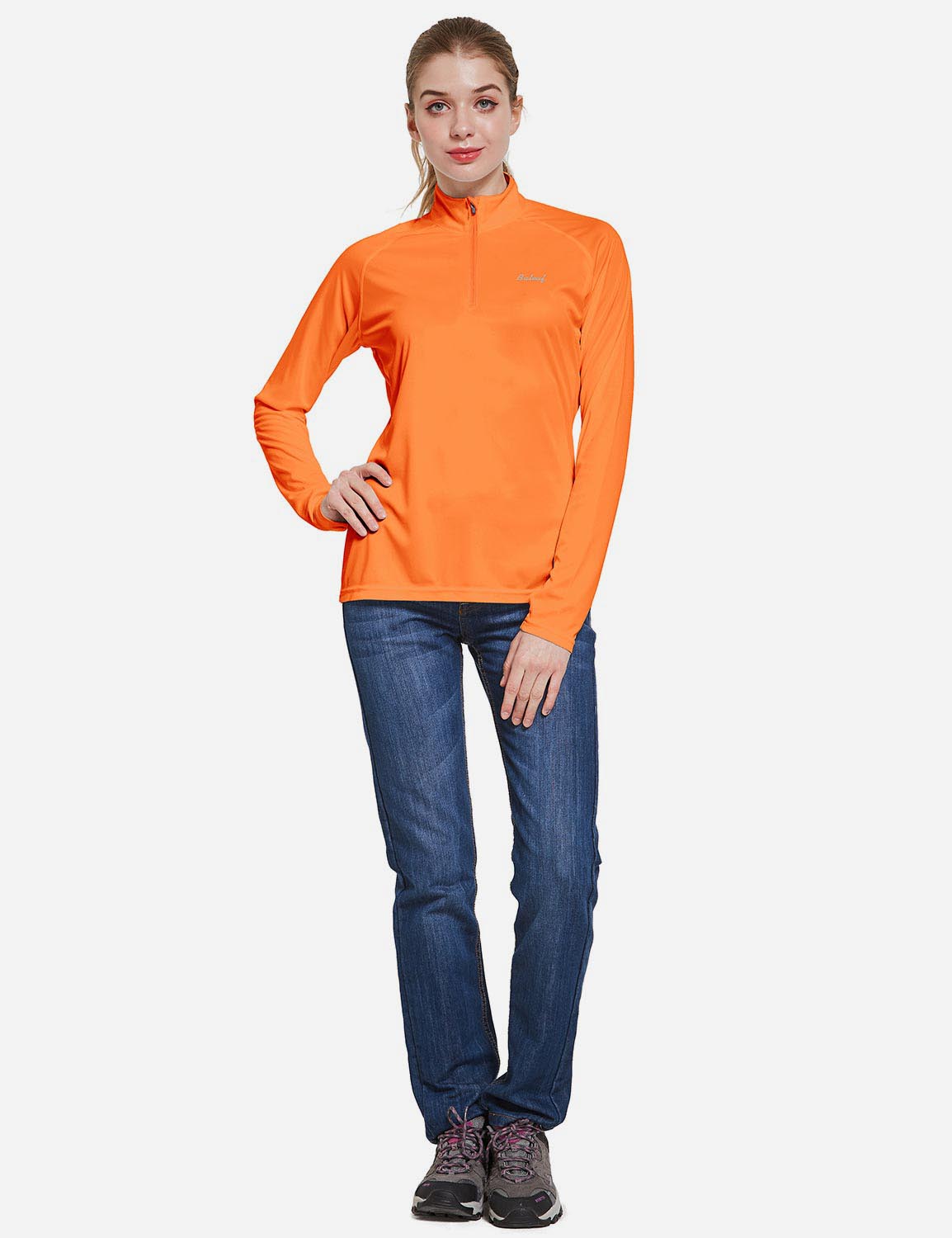 Baleaf Women's UP50+ Collared Long Sleeved Tshirt w Thumbholes aga065 Orange Full