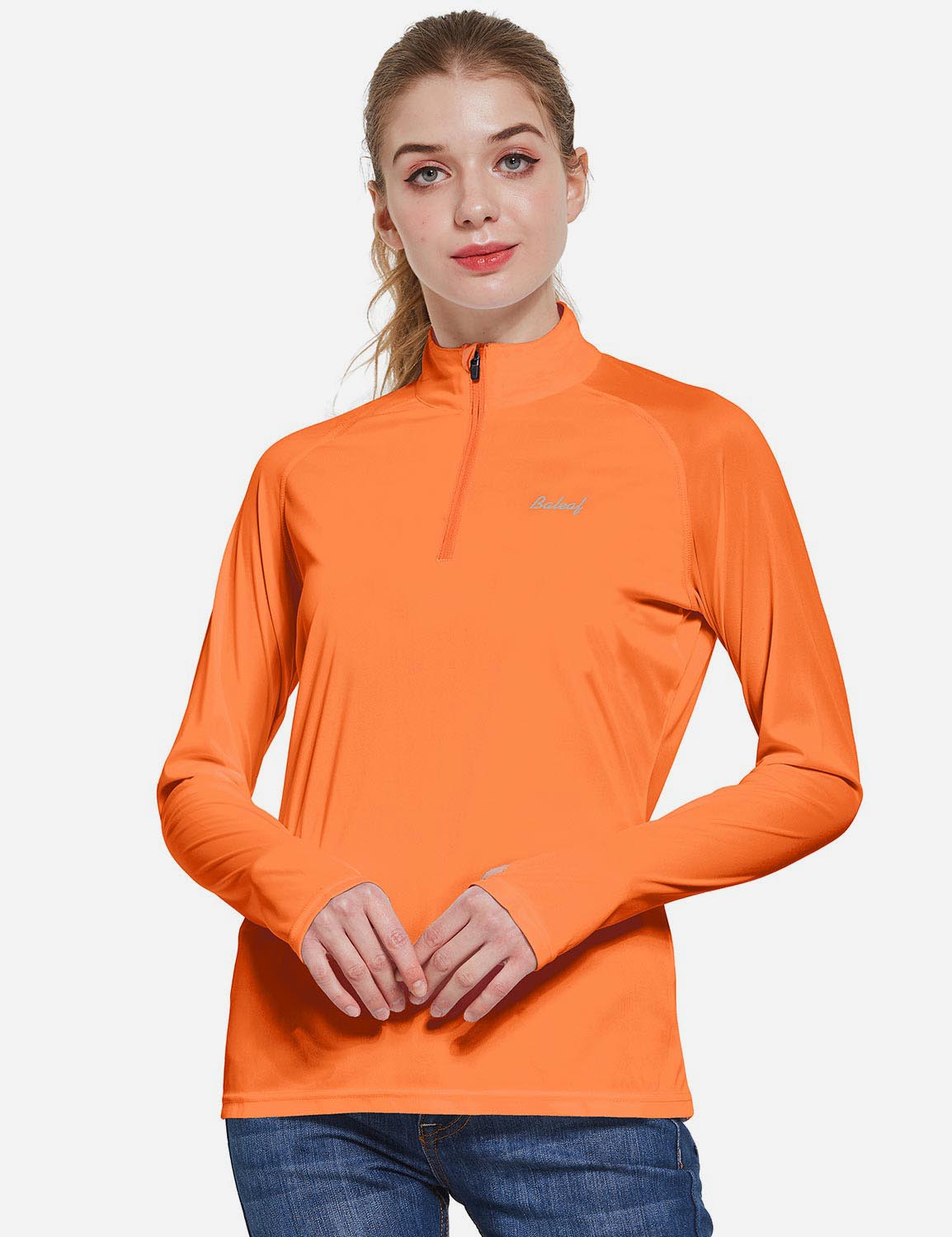 Baleaf Women's UP50+ Collared Long Sleeved Tshirt w Thumbholes aga065 Orange Front