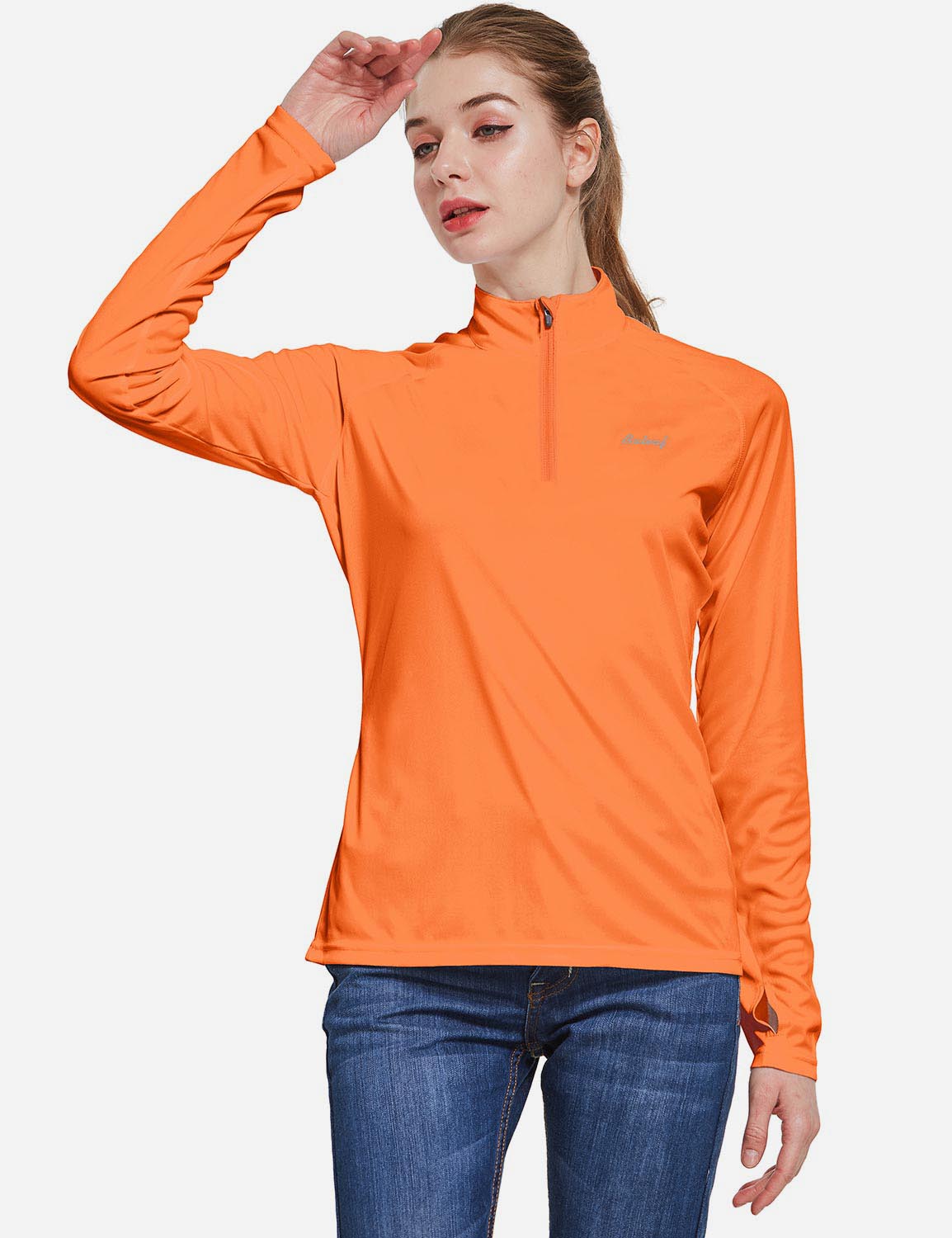 Baleaf Women's UP50+ Collared Long Sleeved Tshirt w Thumbholes aga065 Orange Side