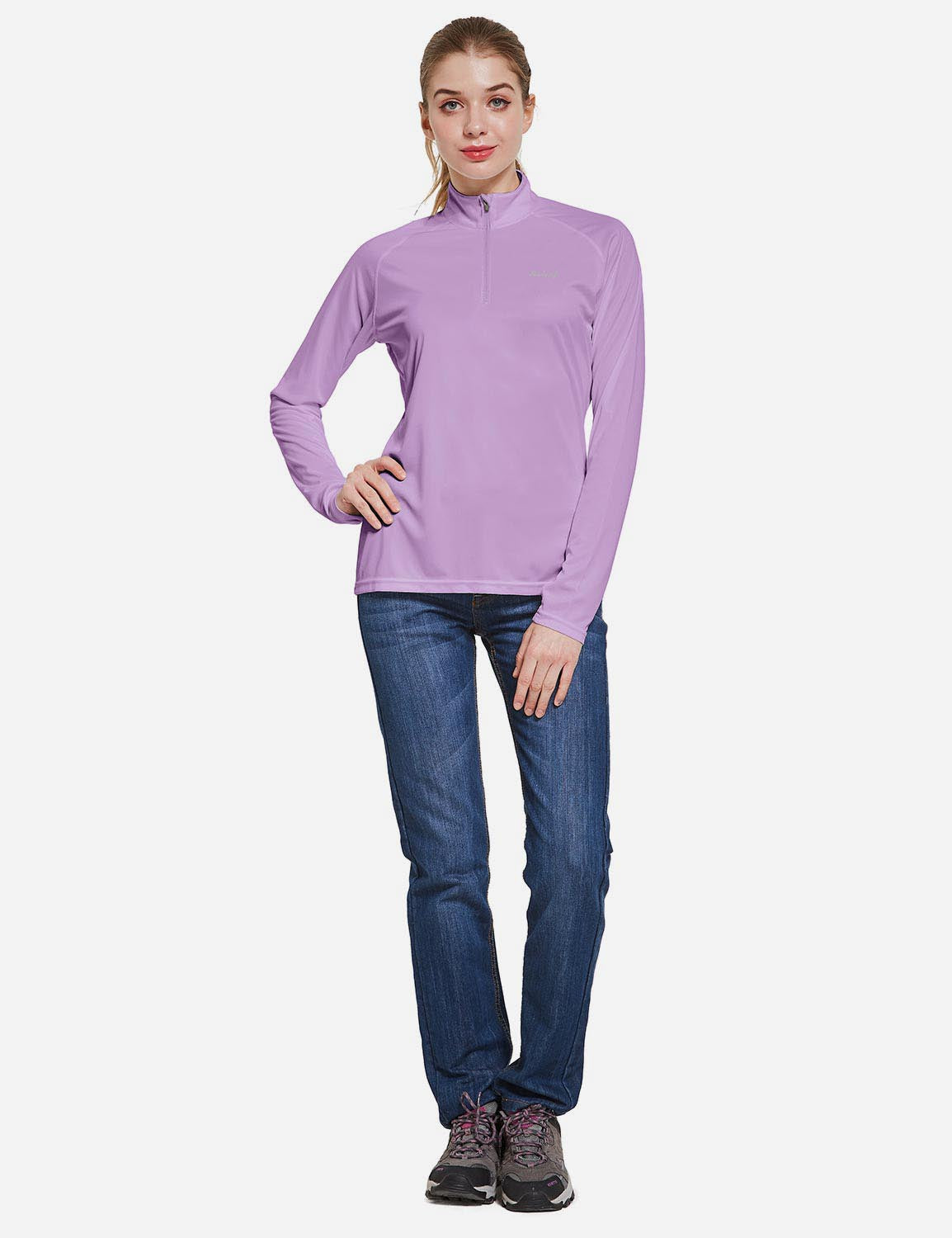 Baleaf Women's UP50+ Collared Long Sleeved Tshirt w Thumbholes aga065 Purple Full
