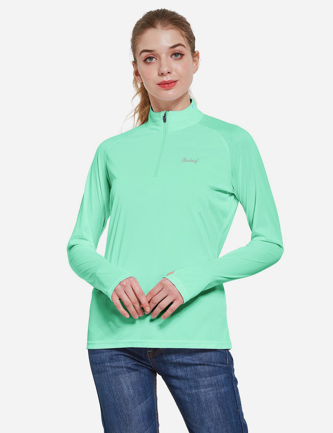Baleaf Women's UP50+ Collared Long Sleeved Tshirt w Thumbholes aga065 Light Green Front
