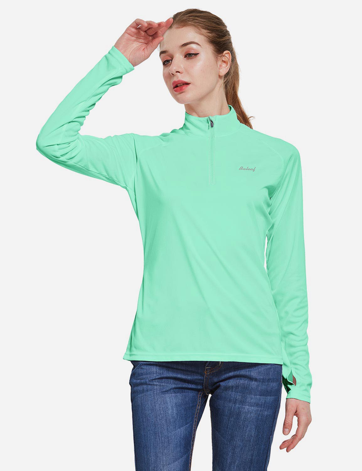 Baleaf Women's UP50+ Collared Long Sleeved Tshirt w Thumbholes aga065 Light Green Side