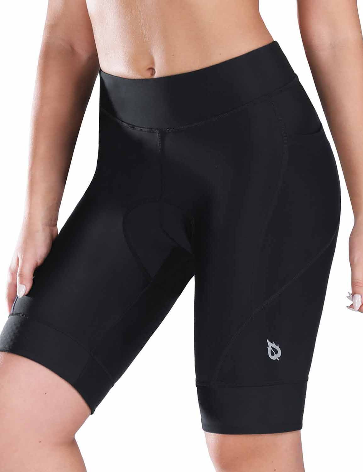 Baleaf Women's UPF50+ 4D Padded Wide Waistband Cycling Shorts cai021 Black Front