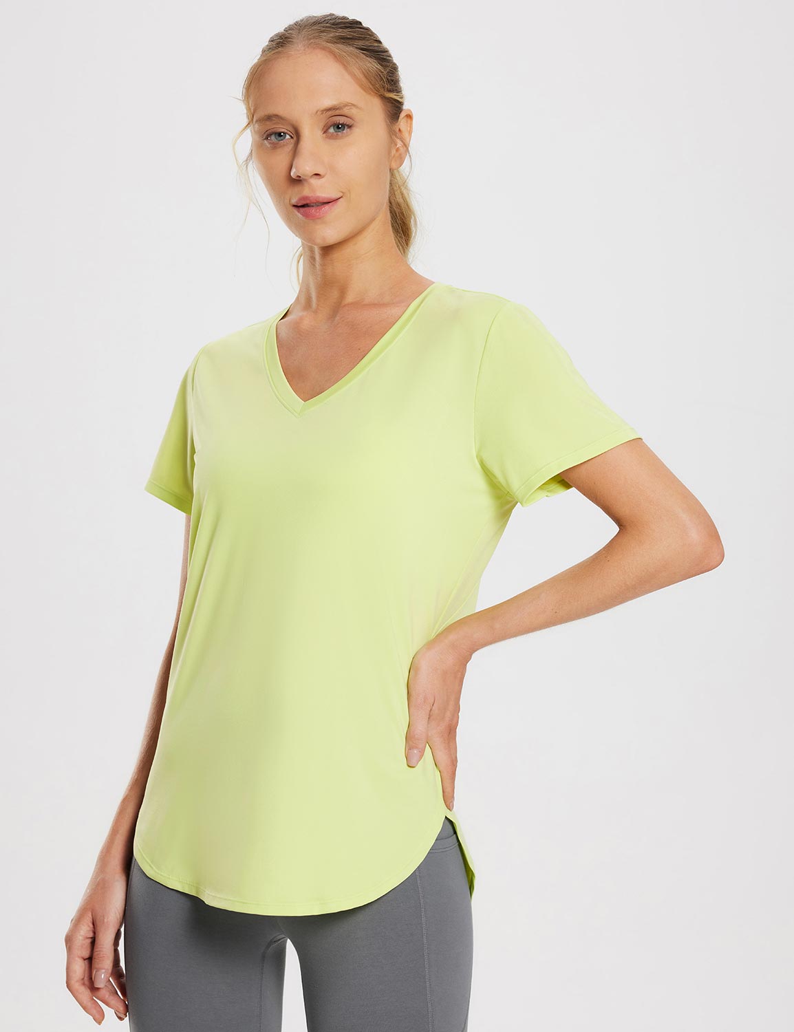 Baleaf Women's Laureate V Neck Mesh Back Shirts ebd015 Shadow Lime Side