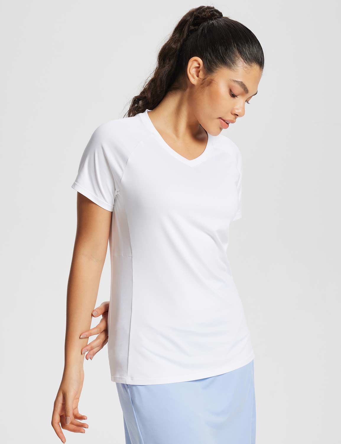 Baleaf Women's Summer Short Sleeve V Neck T-shirts Lucent White Side