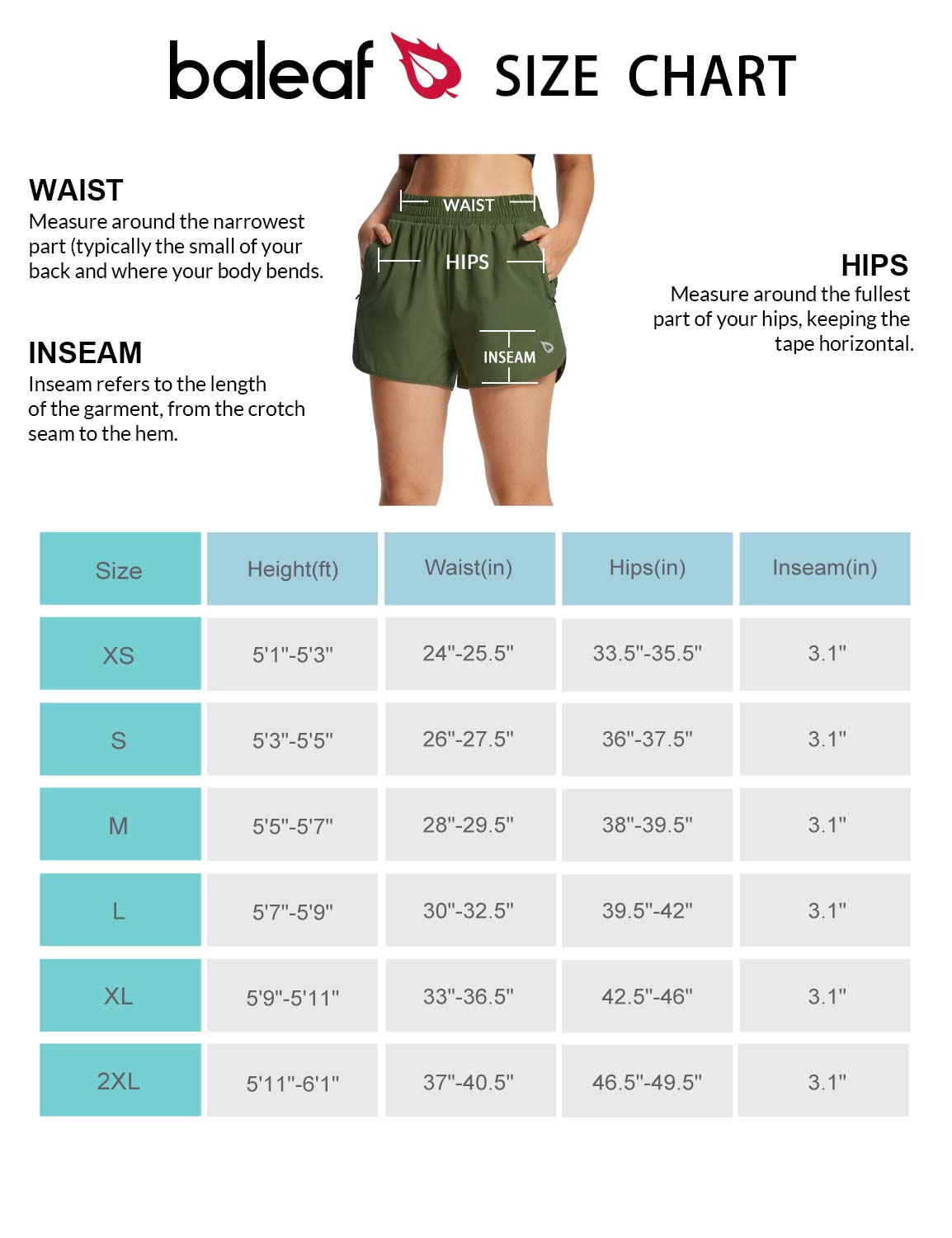 Baleaf Women's Lightweight Tummy Control Zip Pockets Shorts Size Chart