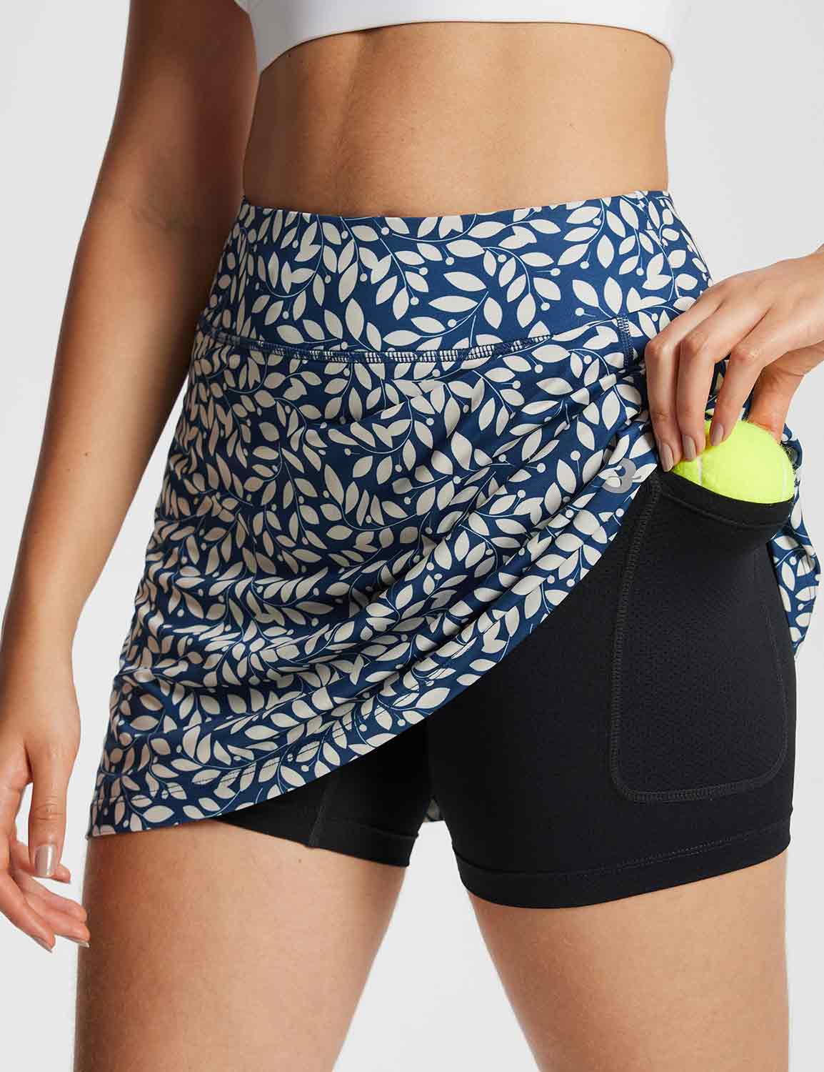 Baleaf Women's Lightweight Pocket Printed Tennis Skort Printed Navy Leaf with Built-in Short