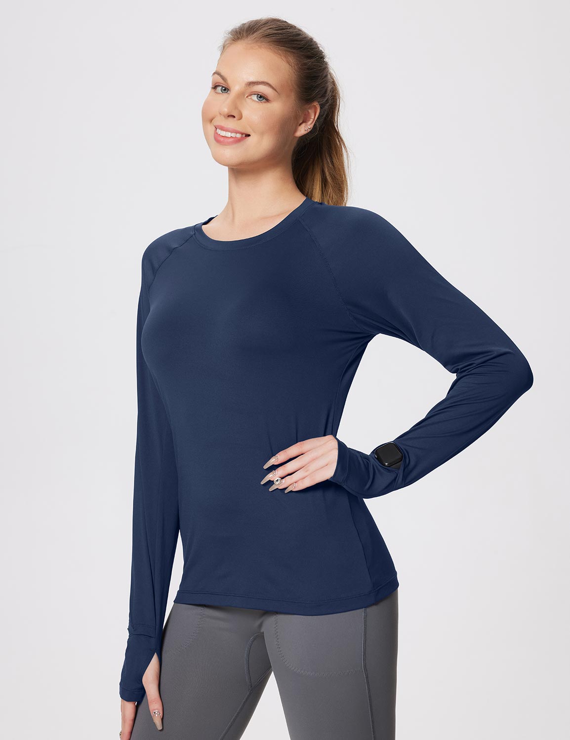  Womens Running Shirts Long Sleeve Workout Shirts Quick Dry  UPF50+ Sun Shirts Lightweight Watch Window Workout Tops Gray L
