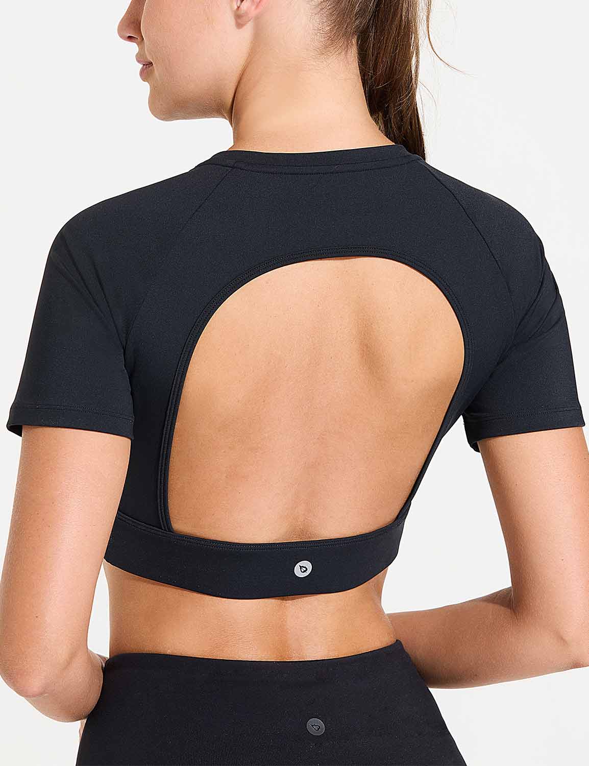Baleaf Women's Short Sleeve Slim Fit Open Back Crop Top Anthracite Back